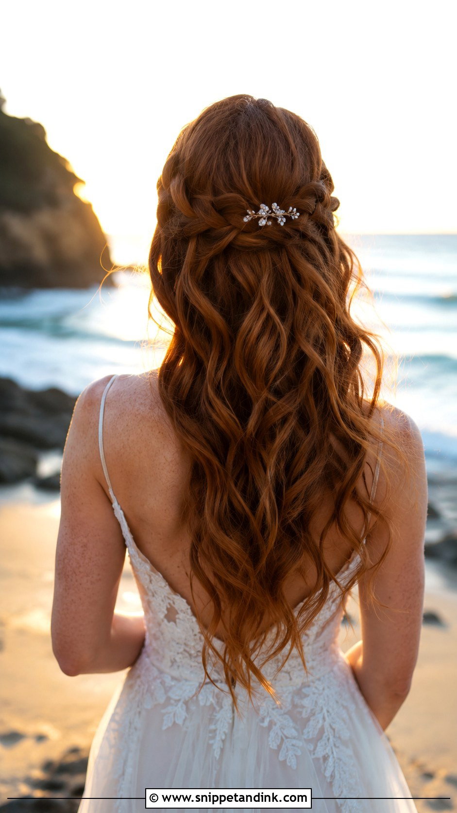Half Up With Waterfall Braid - Snippet and Ink - 20 Half-Up Beach Wedding Hair Ideas