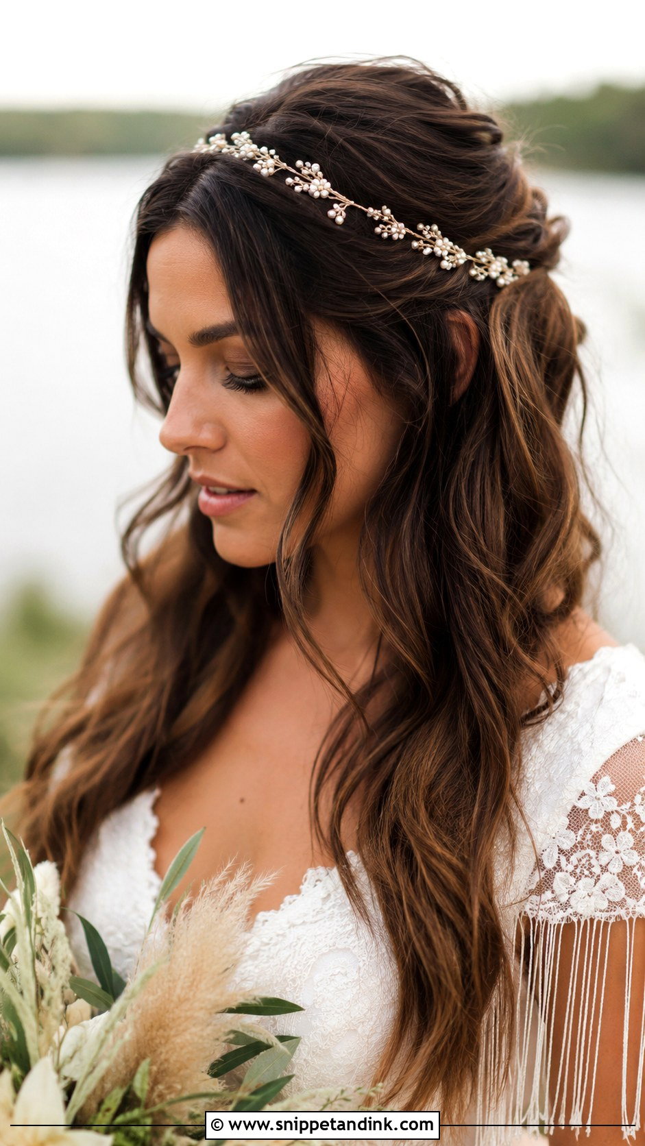 Half Up With a Boho Headband - Snippet and Ink - 20 Long Brunette Half-Up Half-Down Wedding Hair Ideas