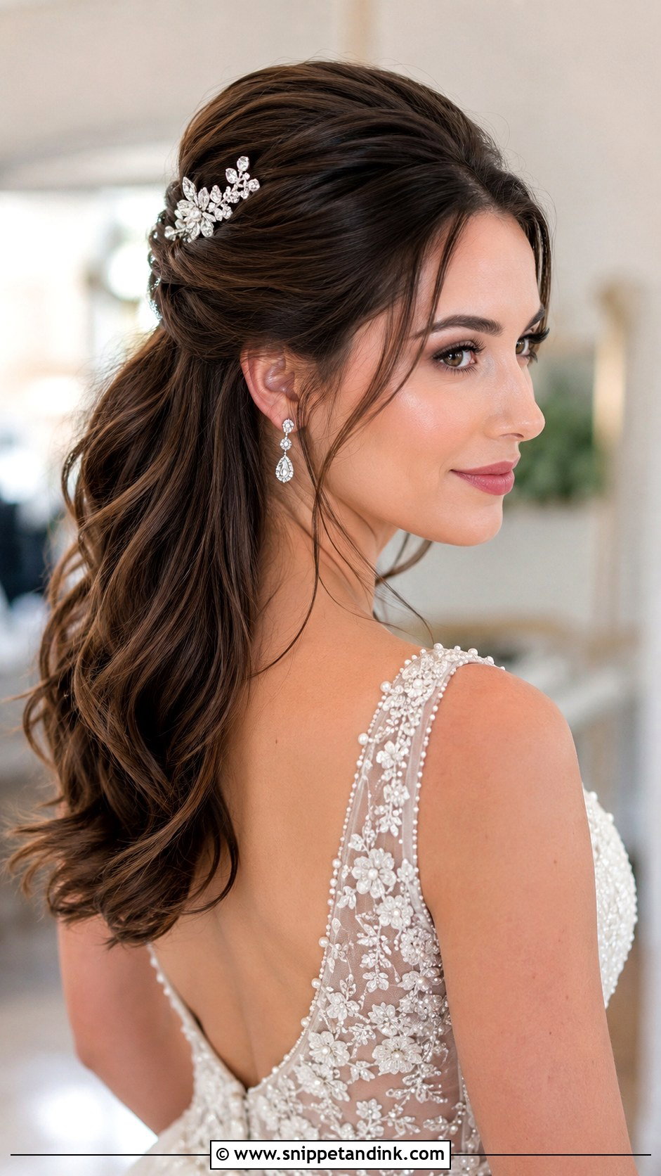 Half Up With a Bouffant Crown - Snippet and Ink - 20 Long Brunette Half-Up Half-Down Wedding Hair Ideas