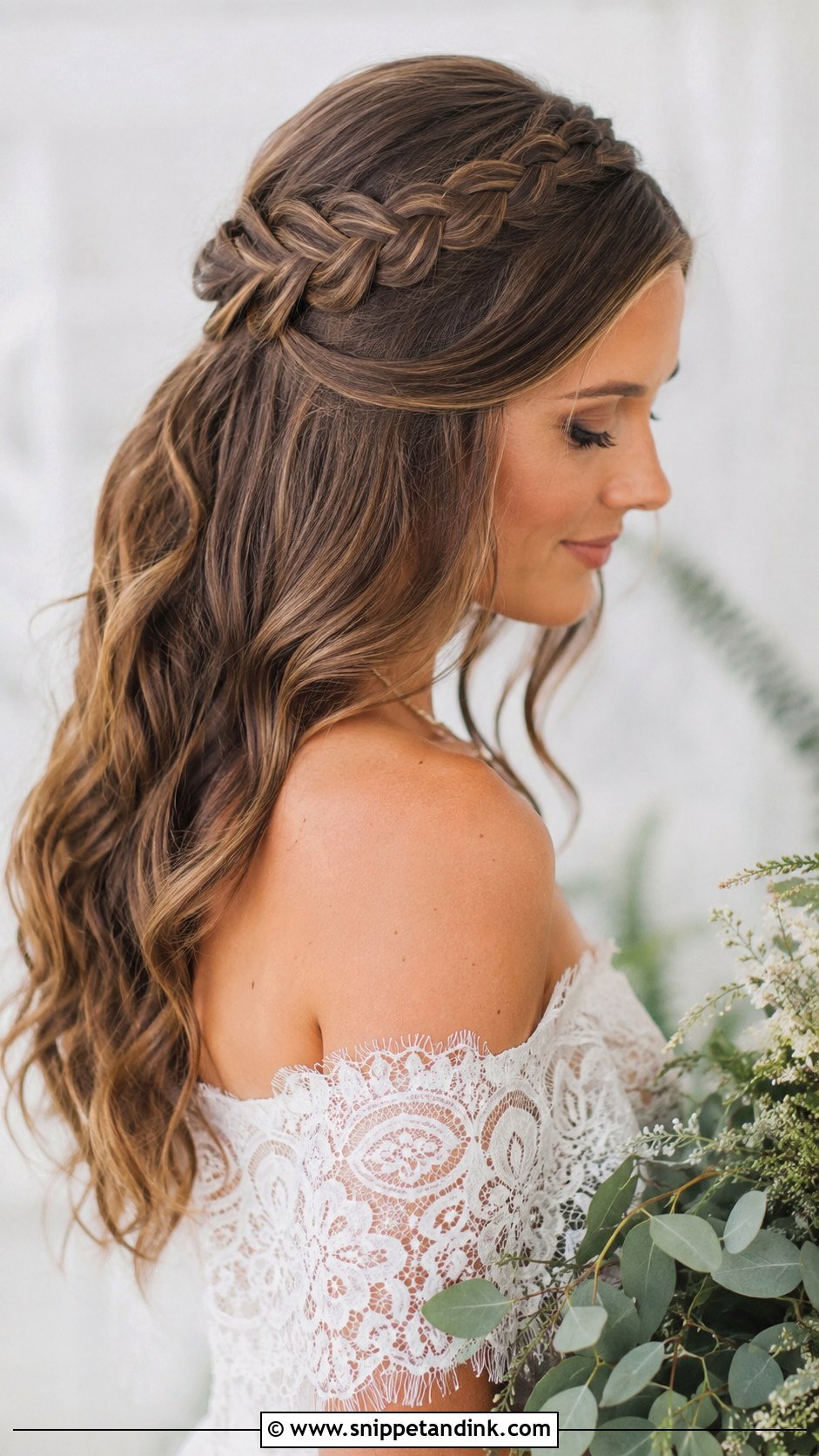 Half Up With a Braided Crown - Snippet and Ink - 20 Medium Length Half-Up Wedding Hair Ideas