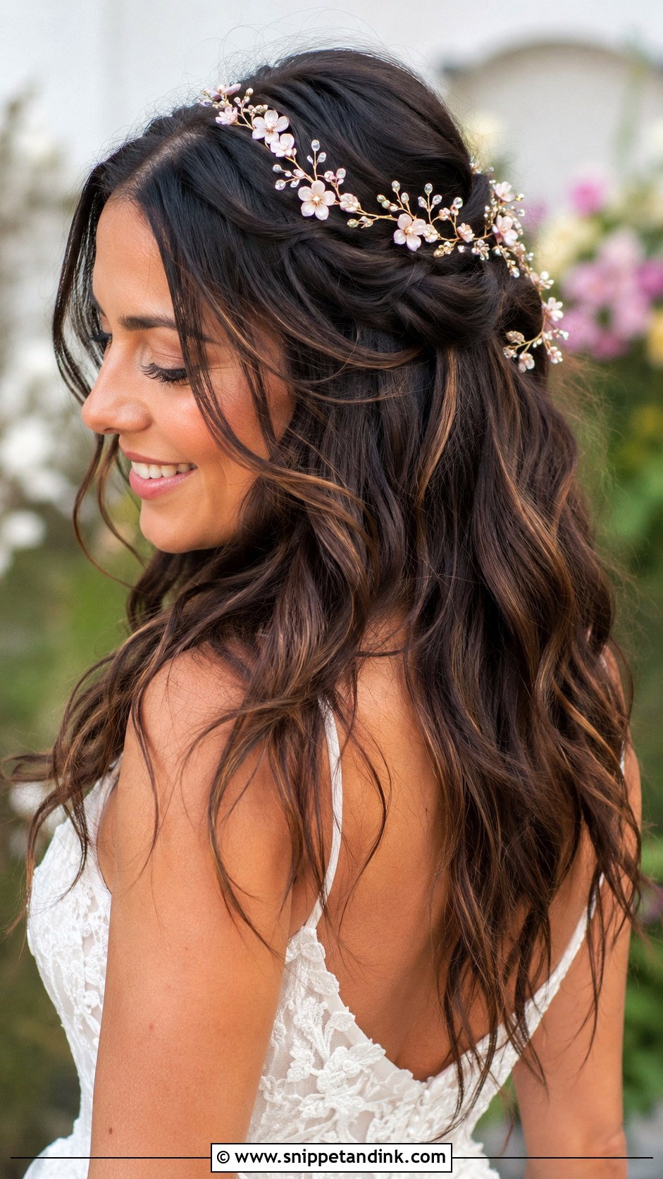 Half Up With a Floral Hair Vine - Snippet and Ink - 20 Long Brunette Half-Up Half-Down Wedding Hair Ideas