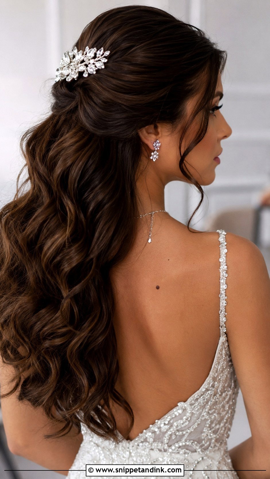 Half Up With a Jeweled Hair Clip - Snippet and Ink - 20 Long Brunette Half-Up Half-Down Wedding Hair Ideas
