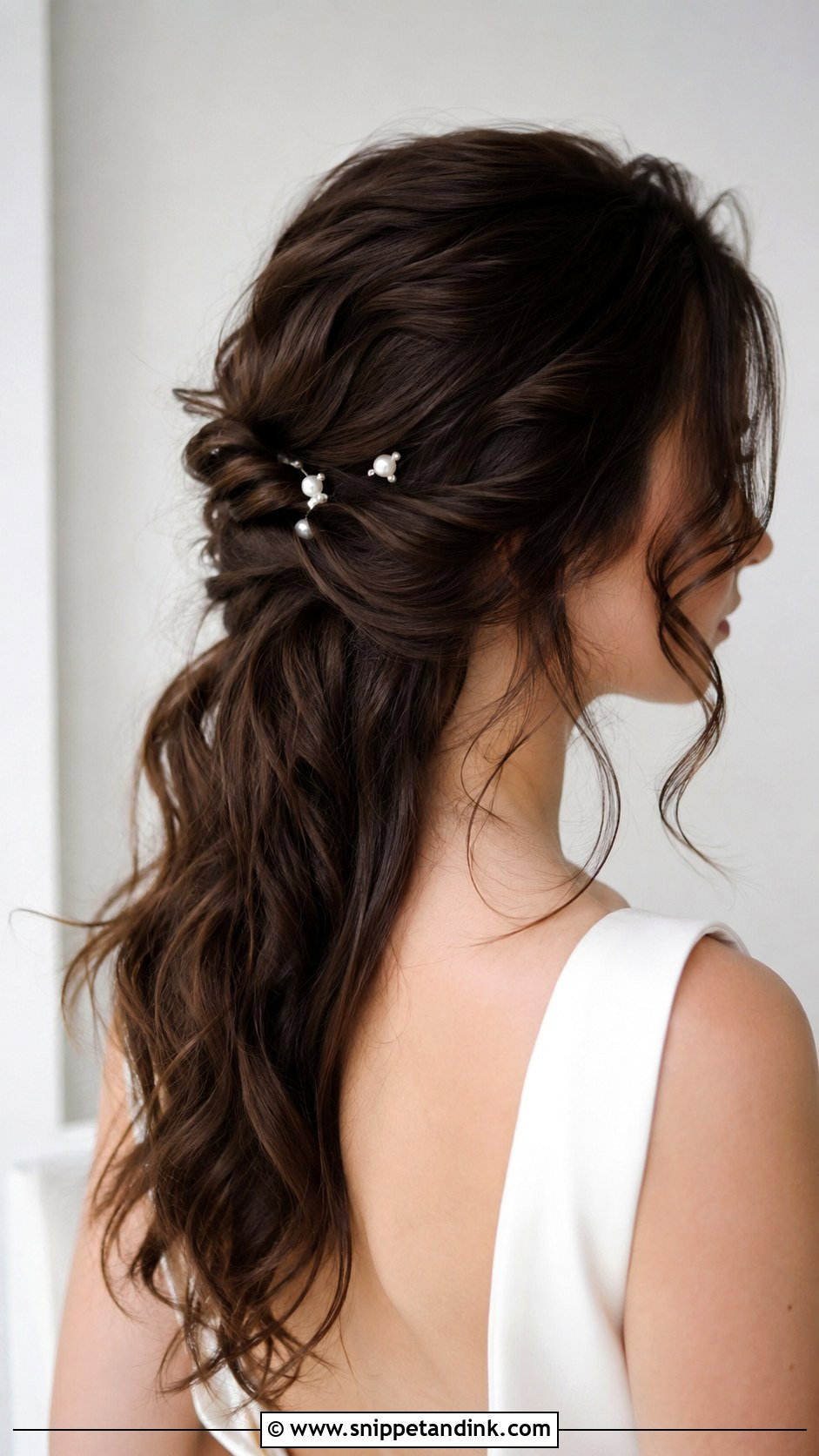 Half Up With a Low Twisted Knot - Snippet and Ink - 20 Long Brunette Half-Up Half-Down Wedding Hair Ideas