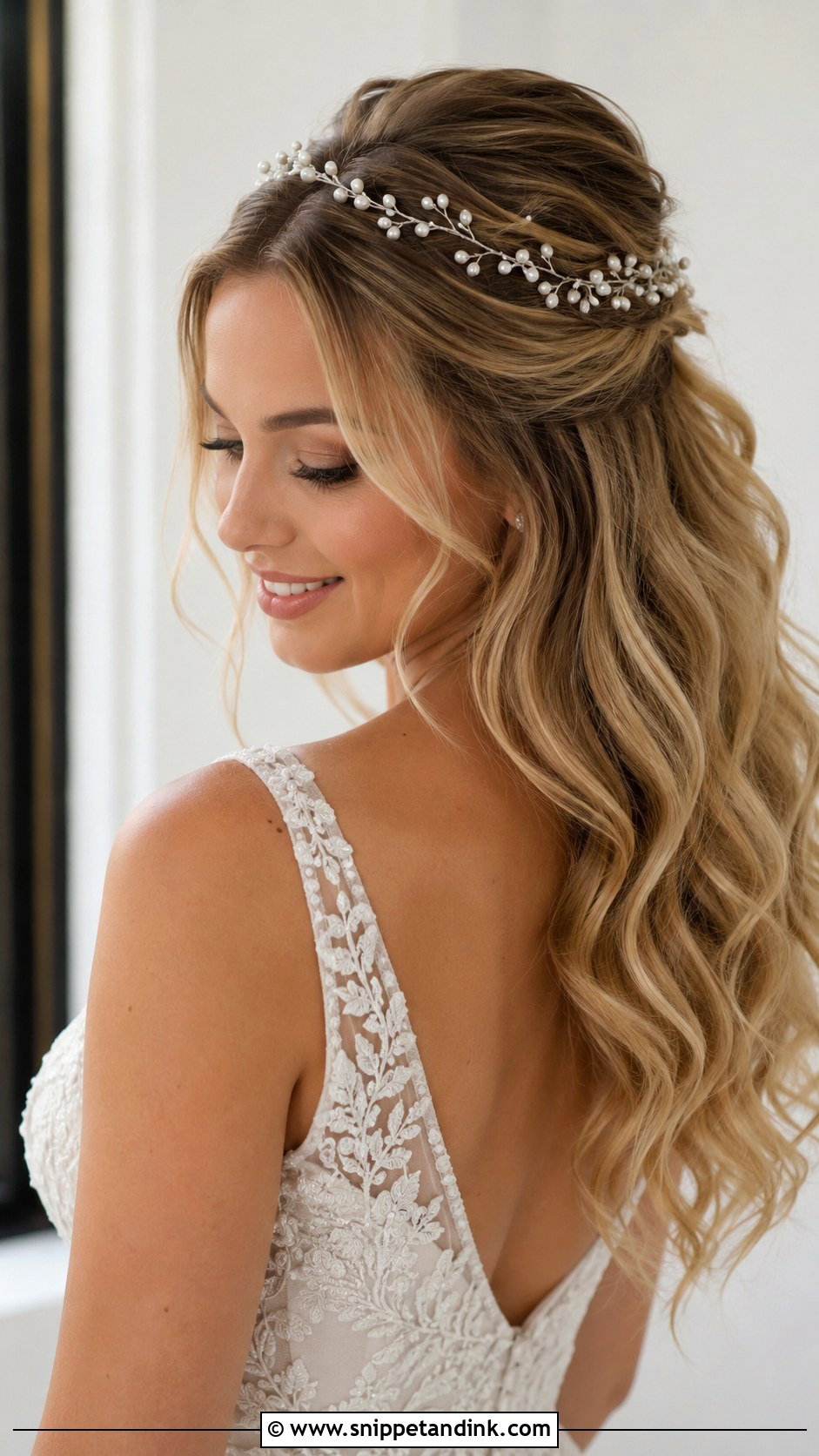 Half Up With a Pearl Hair Vine - Snippet and Ink - 20 Wedding Hairstyle Down Ideas