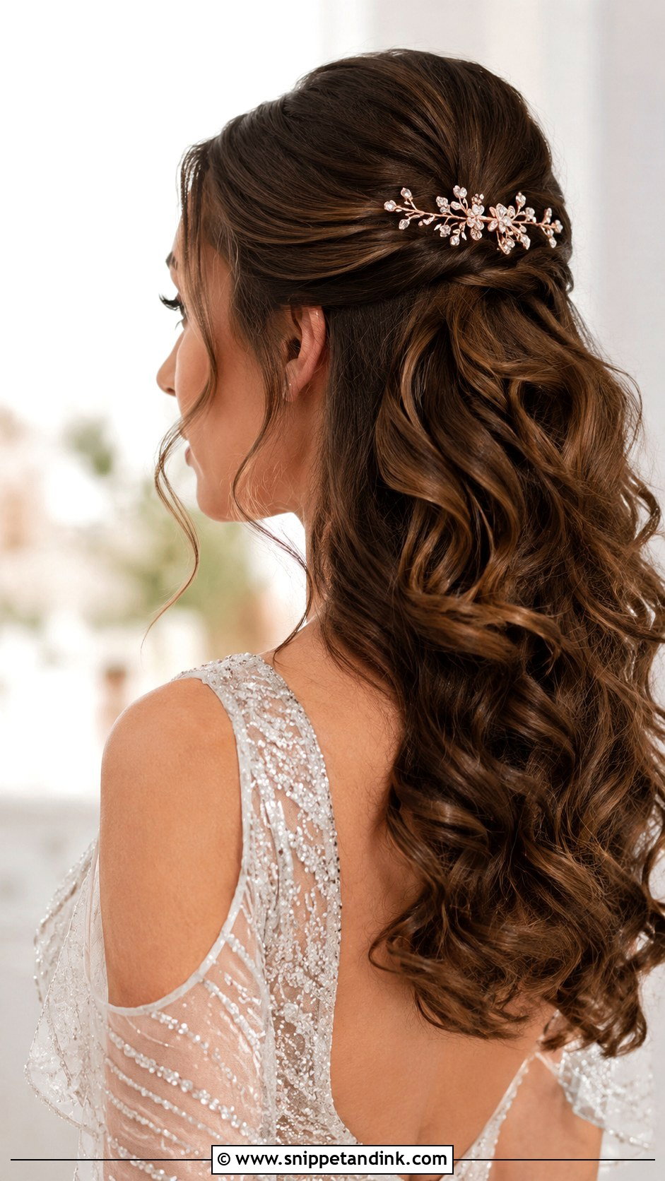 Half Up With a Rose Gold Hair Comb - Snippet and Ink - 20 Long Brunette Half-Up Half-Down Wedding Hair Ideas