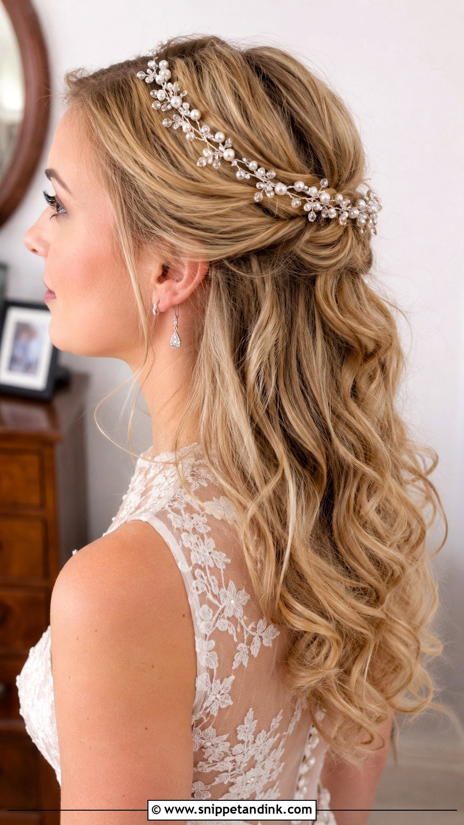 Half Up With a Sparkling Hair Vine - Snippet and Ink - 20 Medium Length Half-Up Wedding Hair Ideas