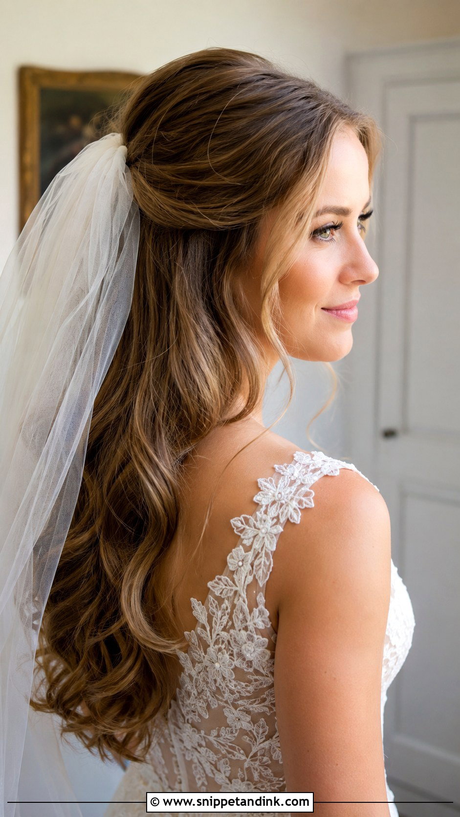 Half Up With a Tucked Veil - Snippet and Ink - 20 Medium Length Half-Up Wedding Hair Ideas