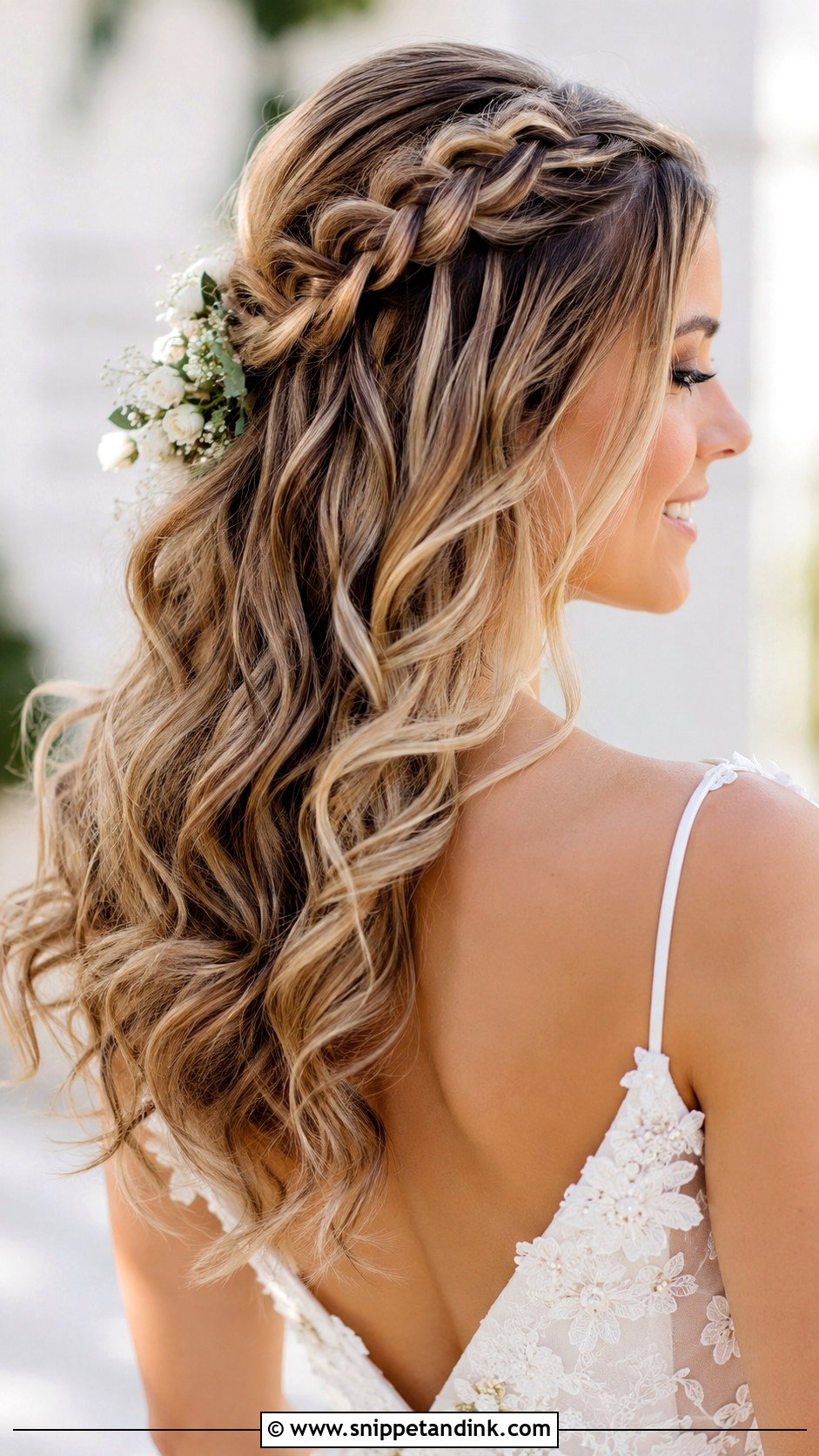 Half Up With a Waterfall Braid - Snippet and Ink - 20 Medium Length Half-Up Wedding Hair Ideas