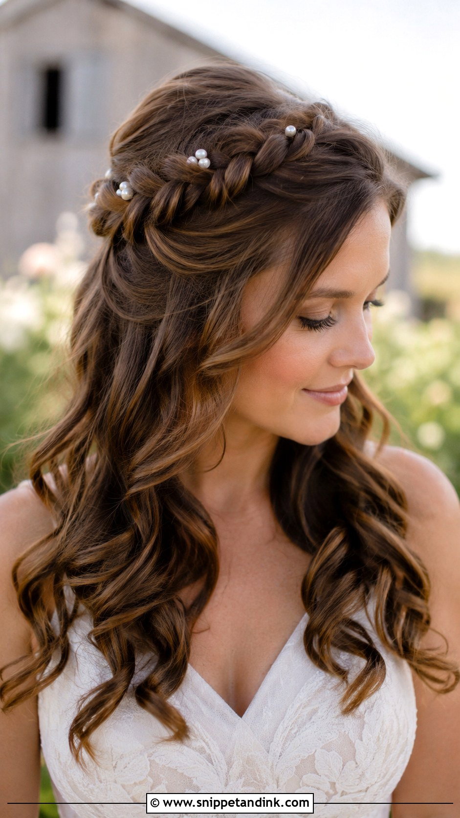 Half Up with Braided Crown and Waves - Snippet and Ink - 25 Medium Length Half-Up Half-Down Wedding Hairstyles