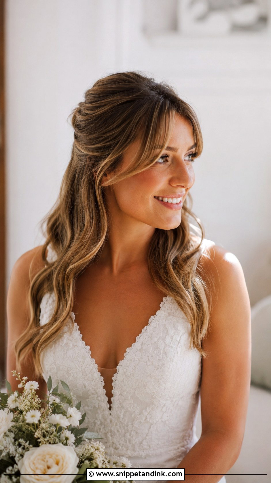 Half Up with Curtain Bangs - Snippet and Ink - 25 Medium Length Half-Up Bridal Hair Ideas