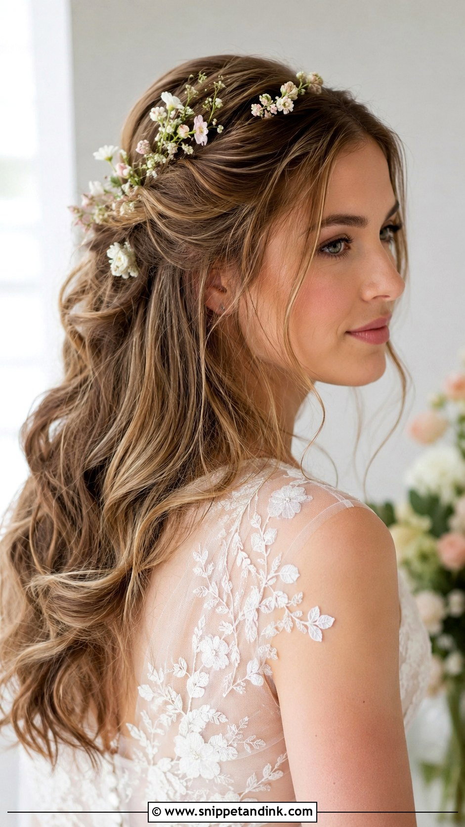 Half Up with Floral Pins - Snippet and Ink - 35 Bridal Hair Down Ideas
