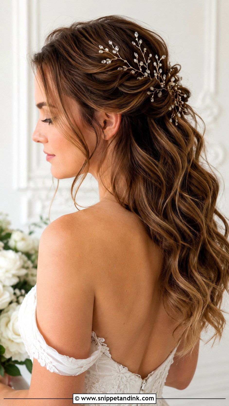 Half Up with Hair Vine Accent - Snippet and Ink - 25 Medium Length Half-Up Bridal Hair Ideas