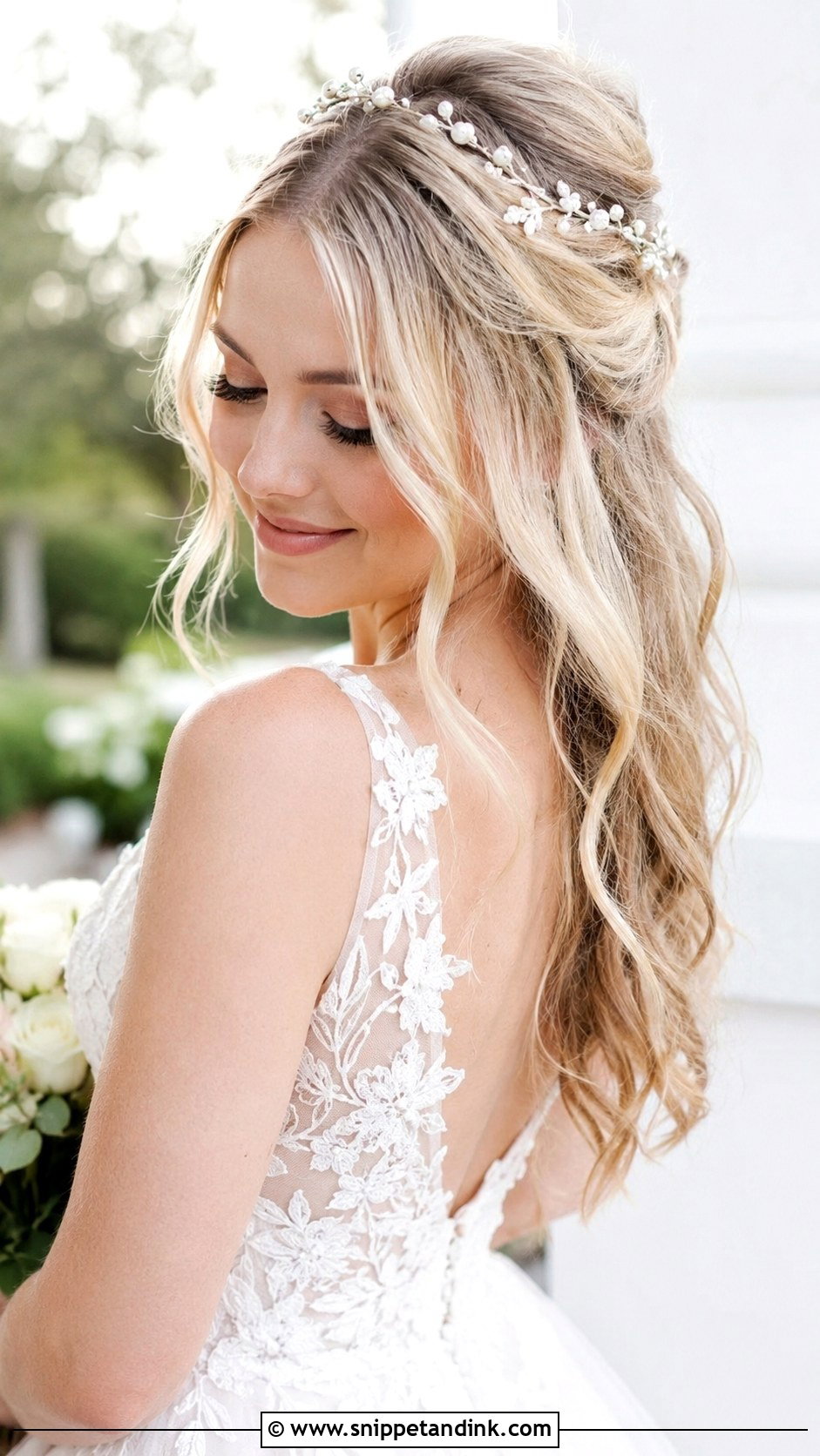Half Up with Loose Tendrils - Snippet and Ink - 25 Medium Length Half-Up Bridal Hair Ideas