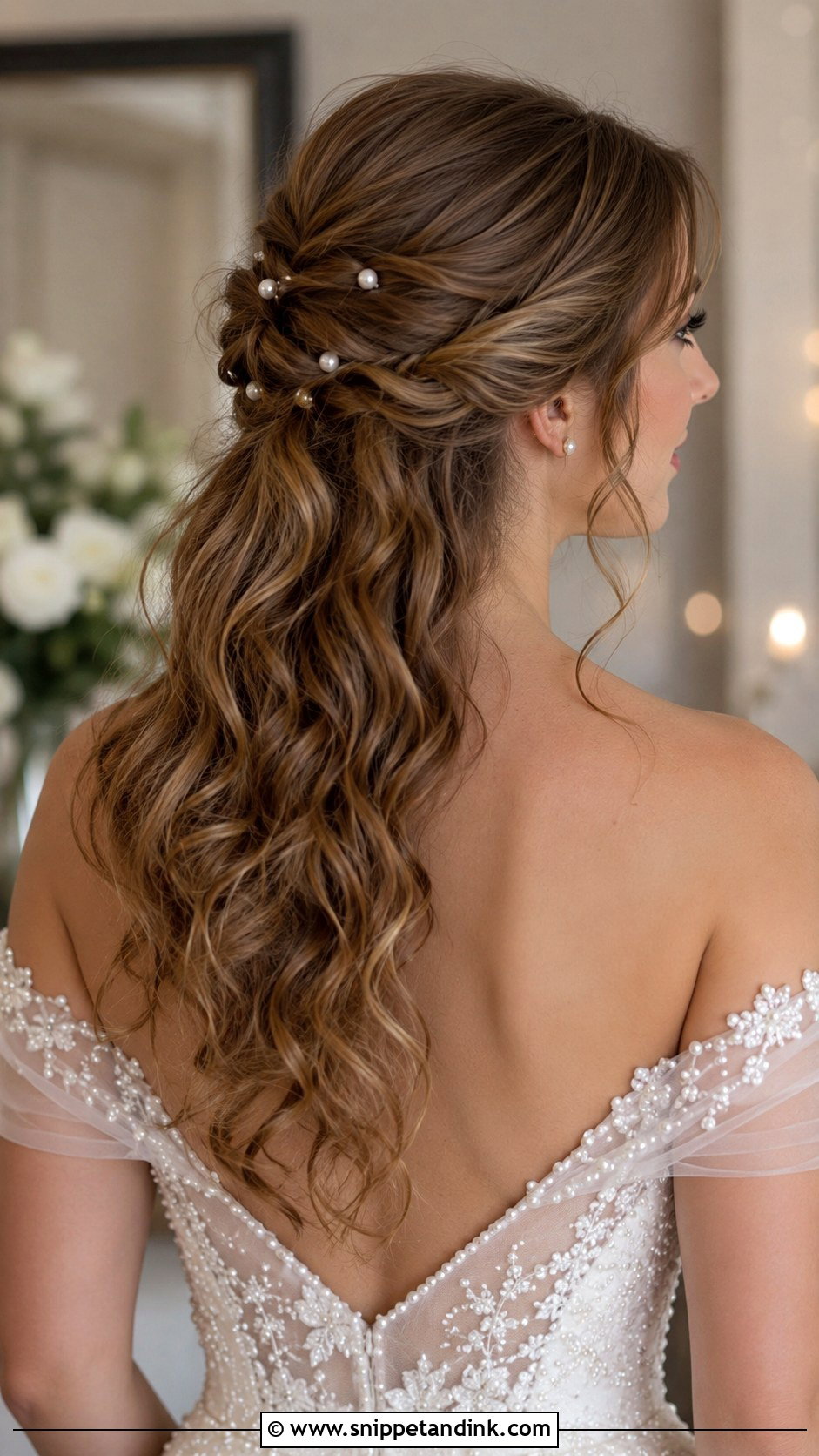 Half Up with Pearl Accents - Snippet and Ink - 35 Bridal Hair Down Ideas