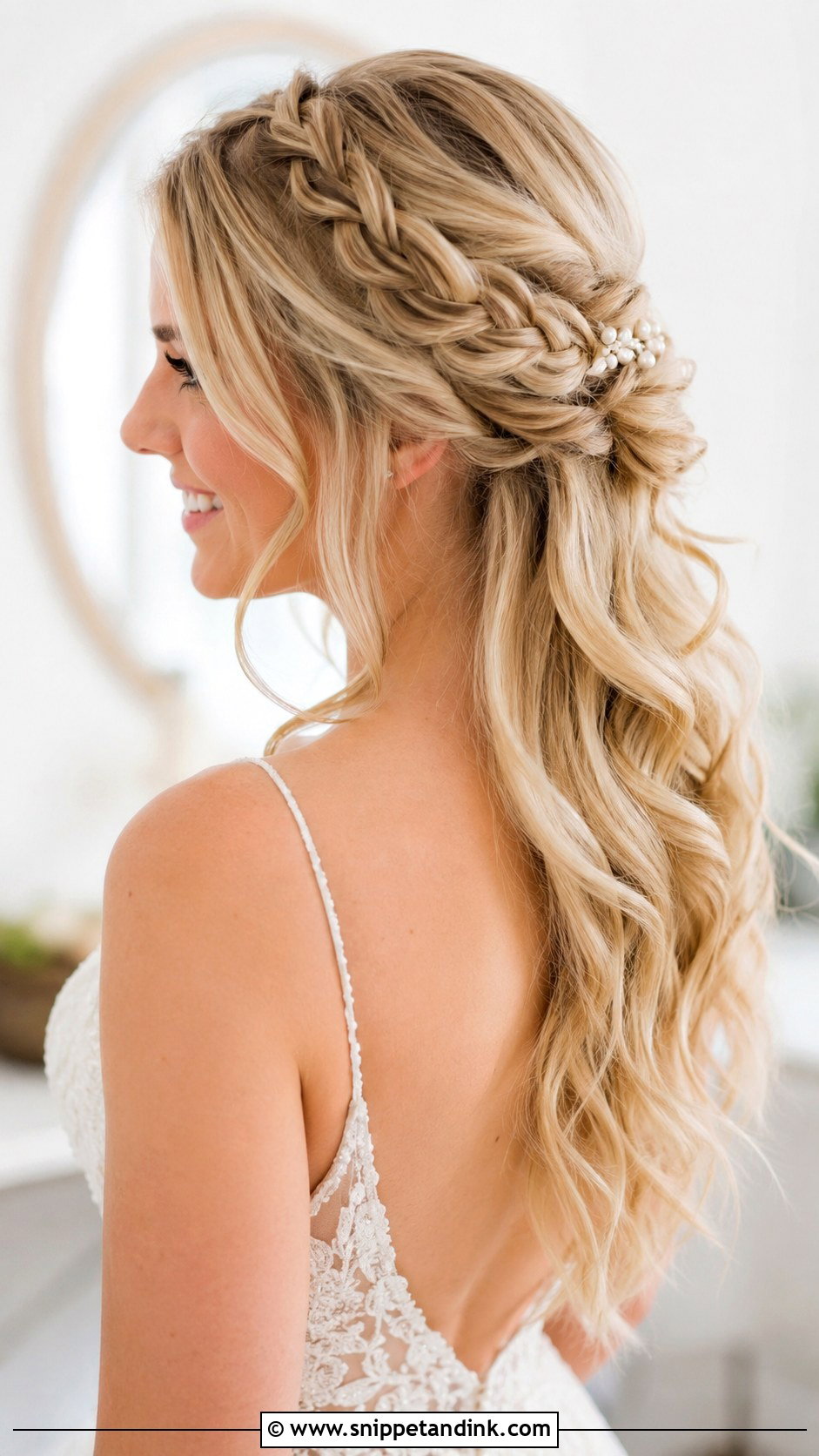 Half Up with Side Braid - Snippet and Ink - 25 Medium Length Half-Up Bridal Hair Ideas