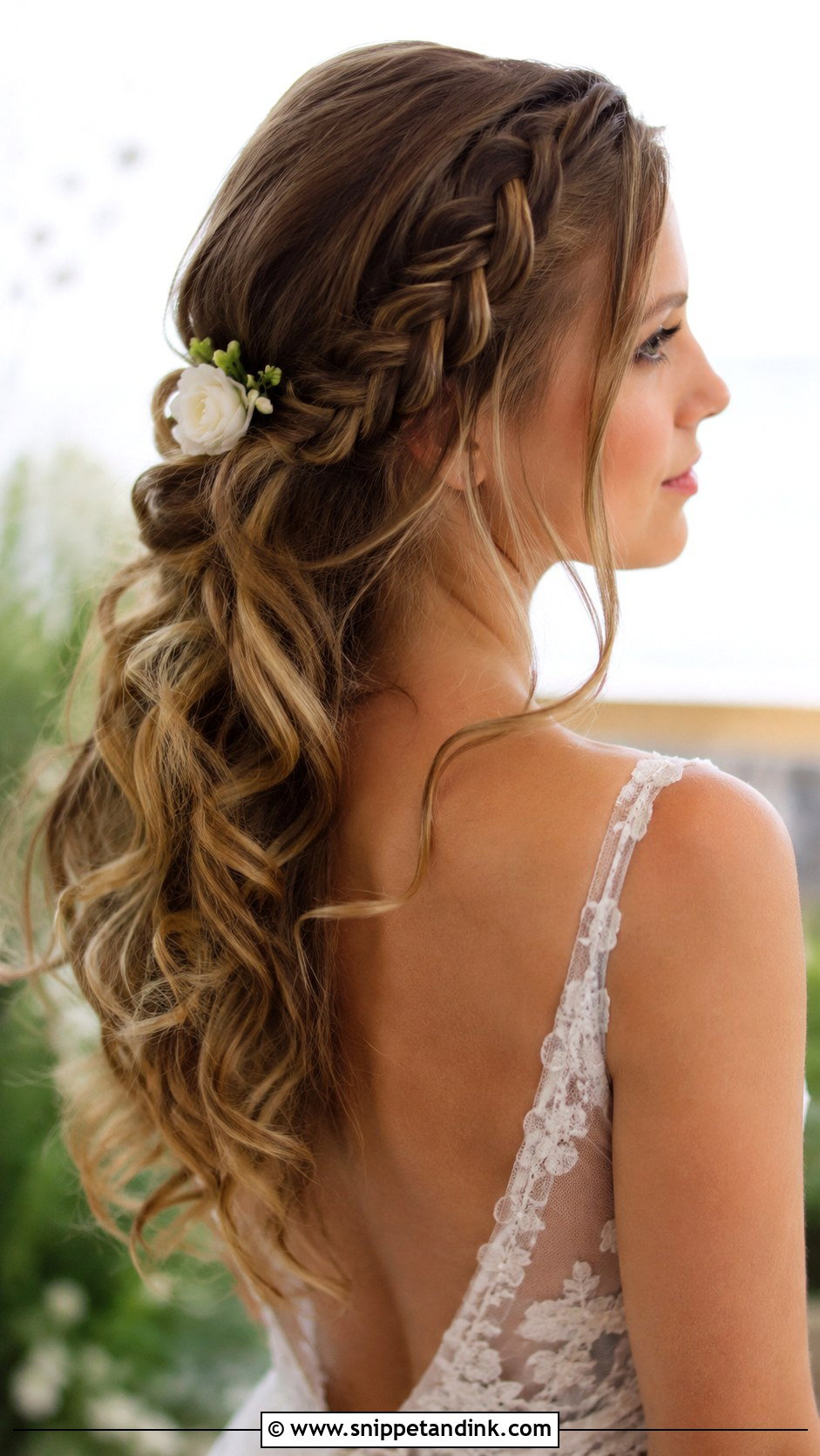 Half Up with Side Braid and Waves - Snippet and Ink - 25 Medium Length Half-Up Half-Down Wedding Hairstyles