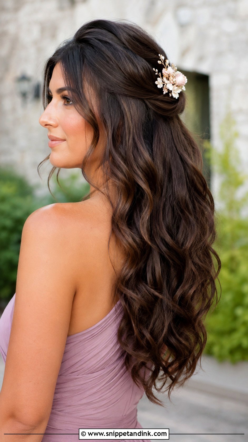 Half Updo Wedding Hair With A Floral Pin - Snippet and Ink - 20 Half Updo Wedding Hair Bridesmaid Ideas