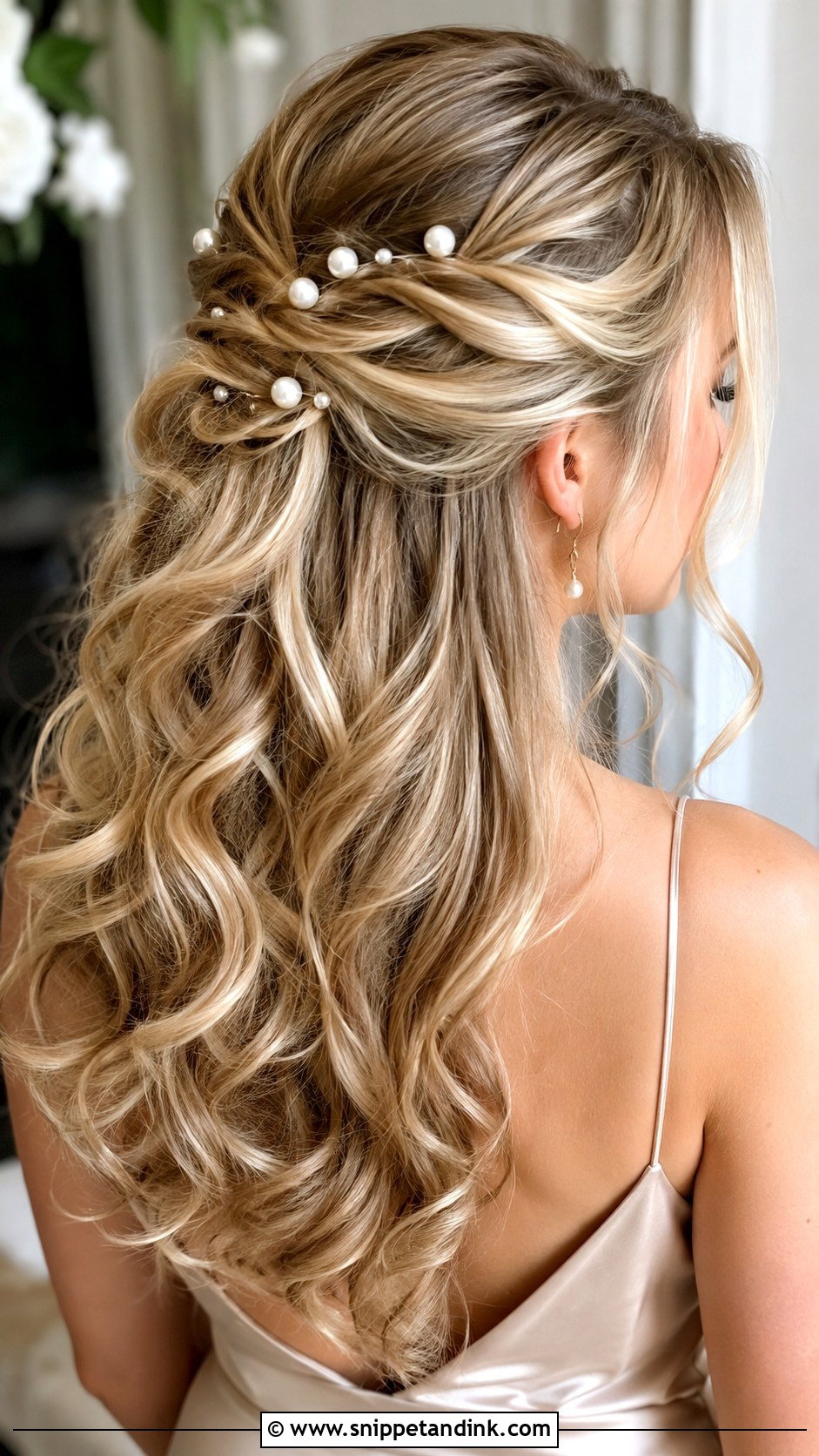Half Updo Wedding Hair With Pearl Pins - Snippet and Ink - 20 Half Updo Wedding Hair Bridesmaid Ideas