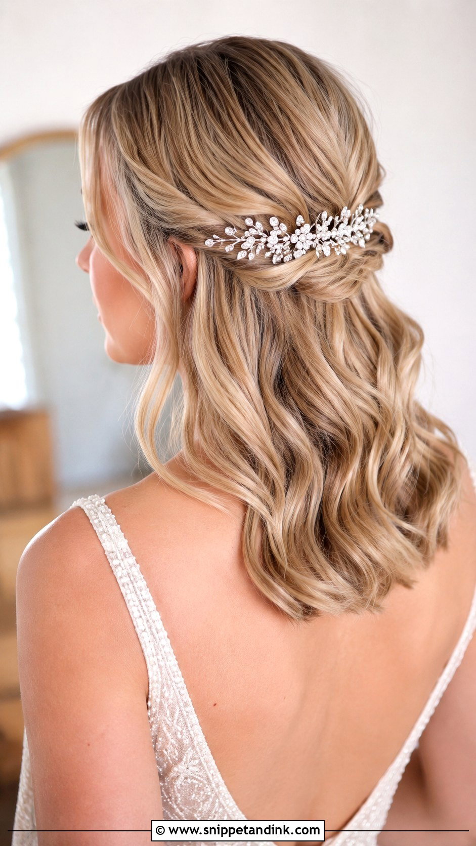 Half Updo With Crystal Hairpiece For Medium Length Hair Wedding - Snippet and Ink - 15 Half Updos for Medium Length Hair Wedding