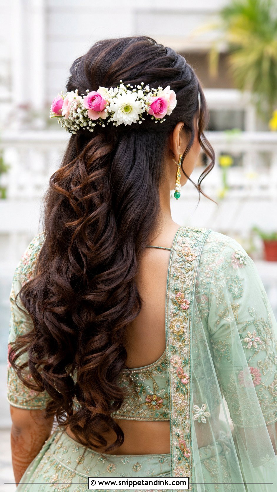 Half Updo With Flowers - Snippet and Ink - 35 Indian Wedding Bridal Hairstyle Ideas