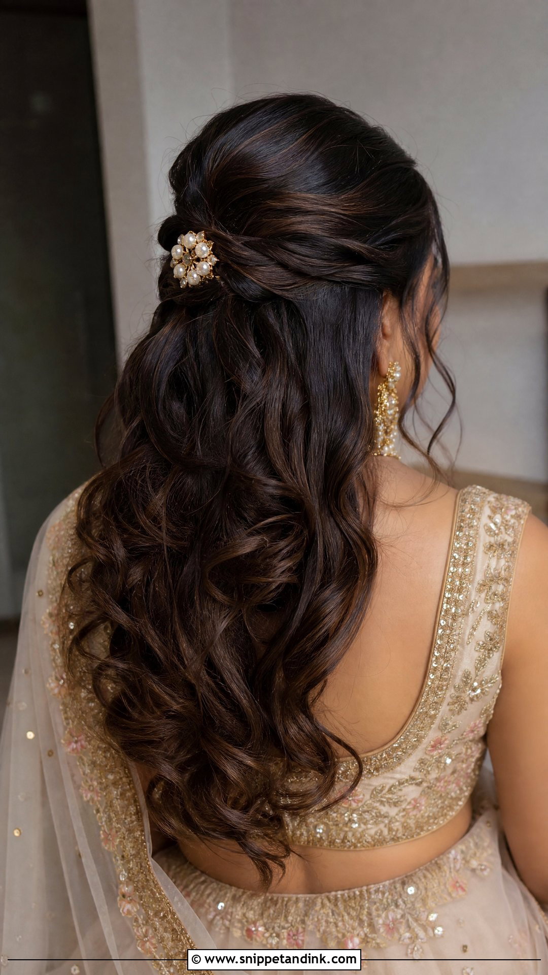 Half Updo With Loose Curls - Snippet and Ink - 20 Indian Hairstyles for Wedding Guest