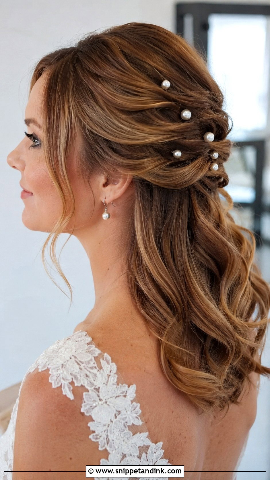 Half Updo With Pearl Pins For Medium Length Hair Wedding - Snippet and Ink - 15 Half Updos for Medium Length Hair Wedding