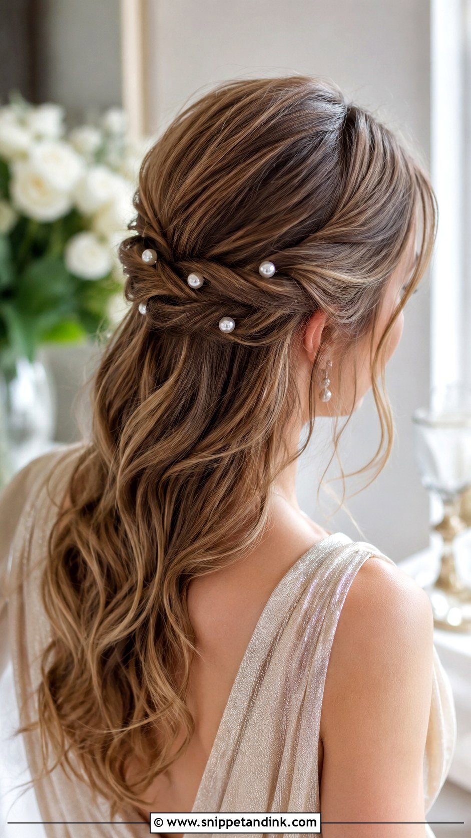 Half Updo With Pearl Pins - Snippet and Ink - 15 Wedding Guest Half Updo Ideas