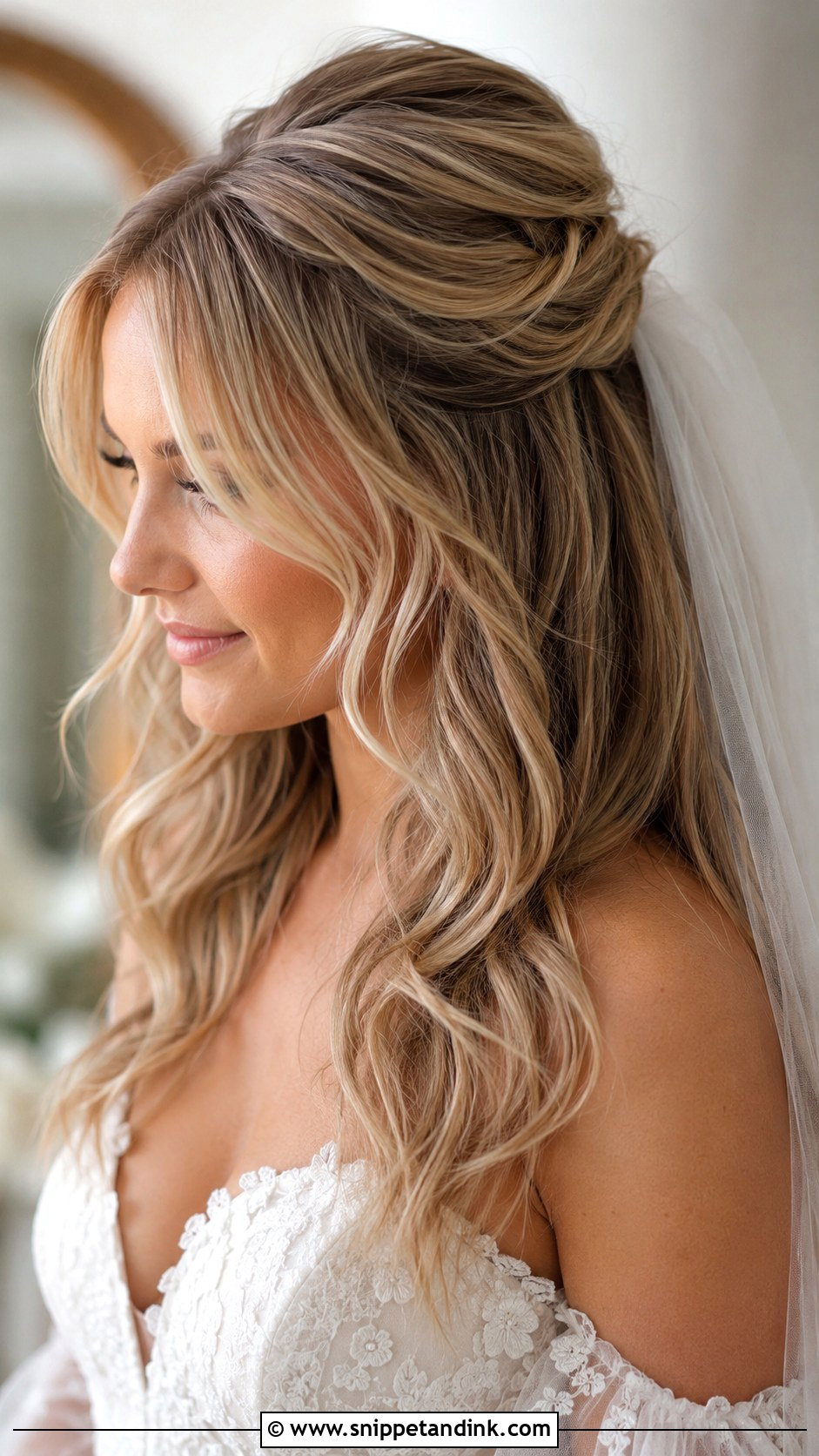 Half Updo With Veil And Curtain Bangs - Snippet and Ink - 15 Half Updo with Veil Ideas