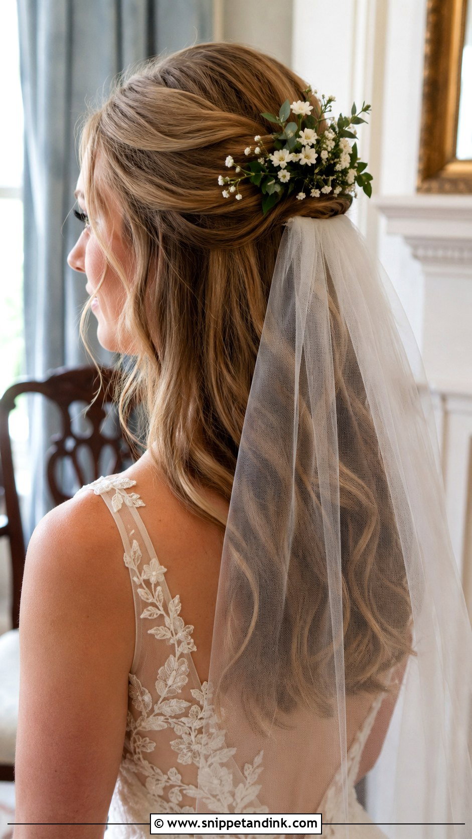 Half Updo With Veil And Floral Hair Piece - Snippet and Ink - 15 Half Updo with Veil Ideas