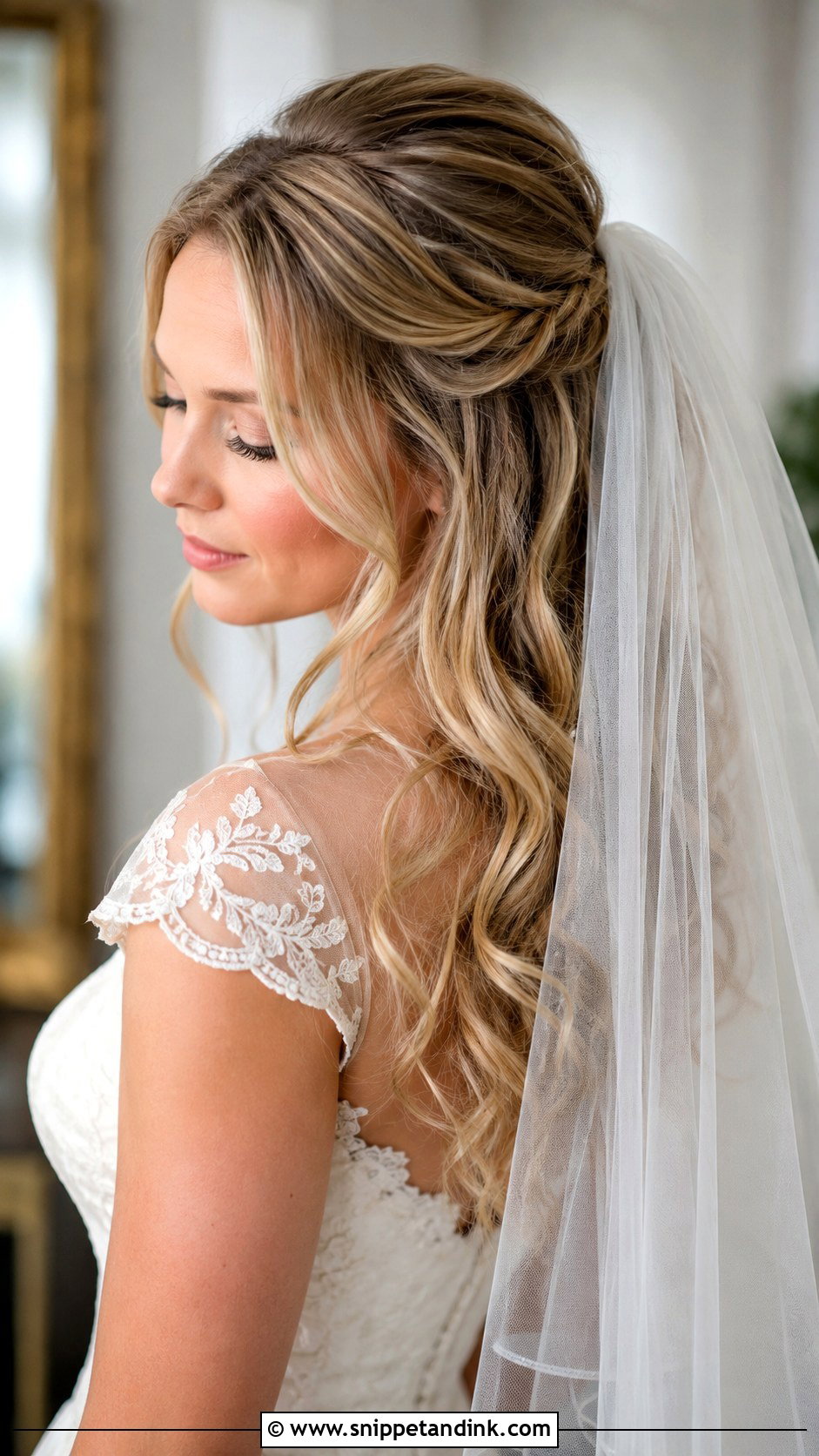 Half Updo With Veil And Loose Curls - Snippet and Ink - 15 Half Updo with Veil Ideas