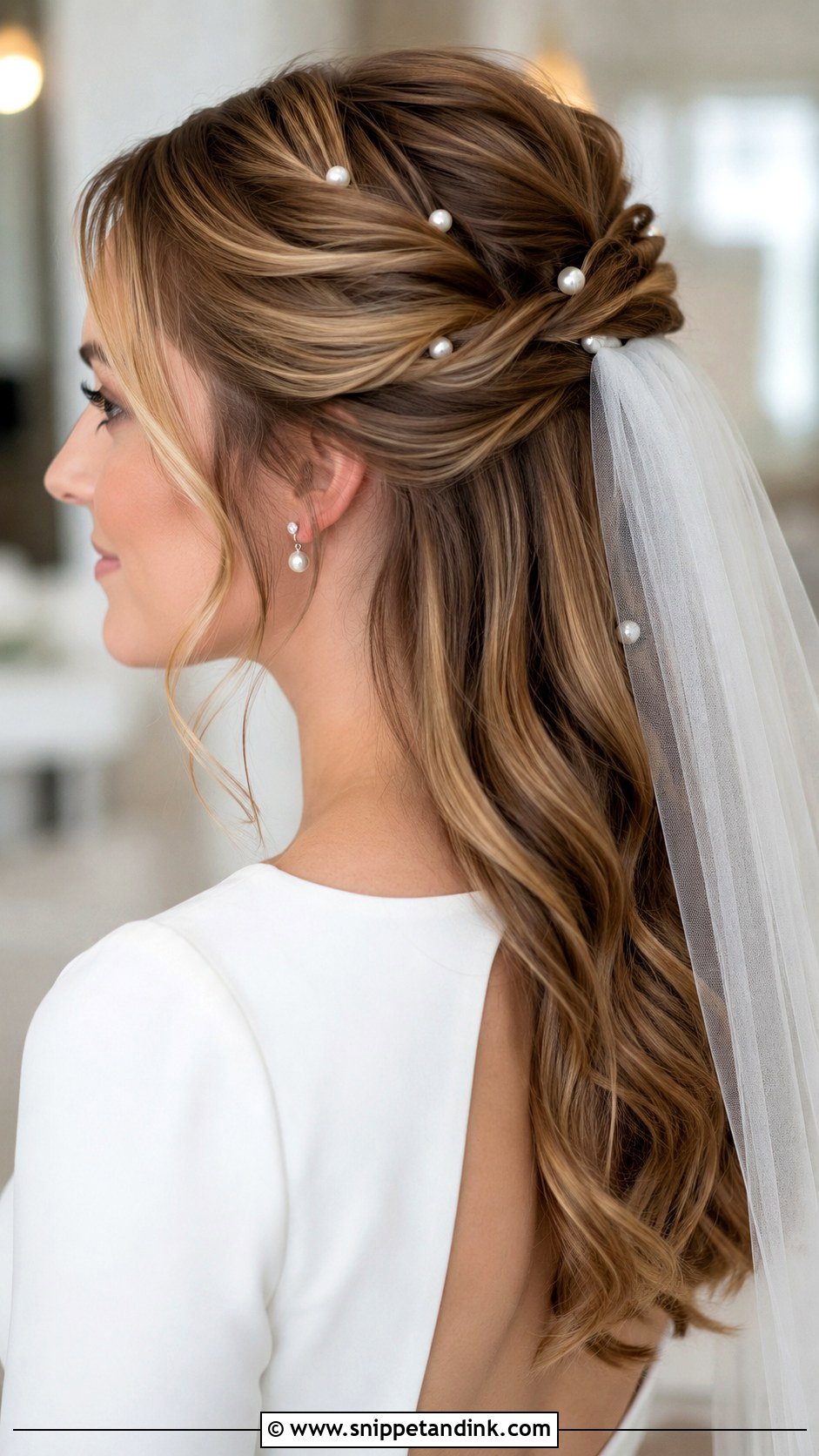 Half Updo With Veil And Pearl Pins - Snippet and Ink - 15 Half Updo with Veil Ideas