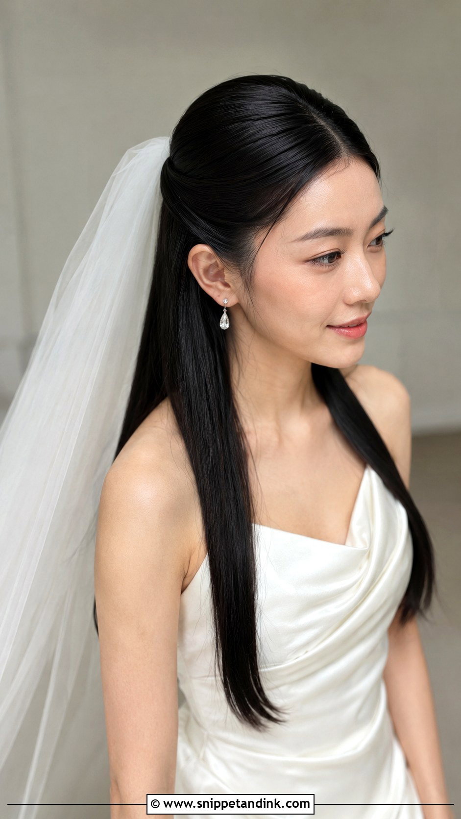 Half Updo With Veil And Sleek Hair - Snippet and Ink - 15 Half Updo with Veil Ideas