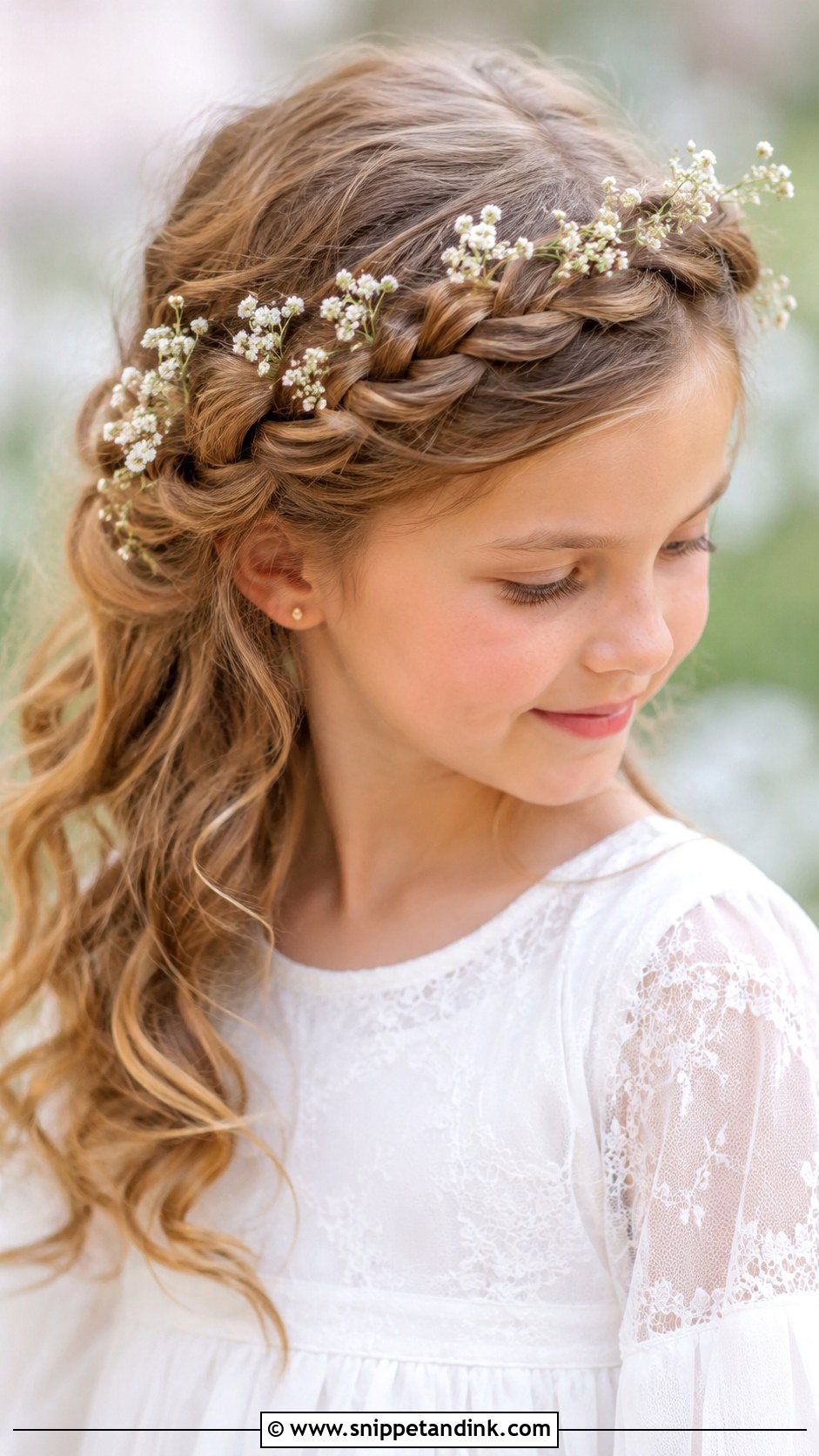Halo Braid With Babys Breath - Snippet and Ink - 25 Hairstyle for Girls Wedding Ideas