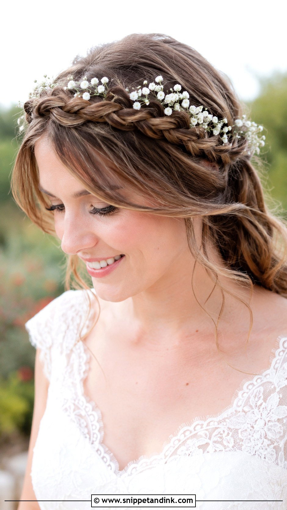 Halo Braid With Babys Breath - Snippet and Ink - 30 Boho Bridal Hair Ideas