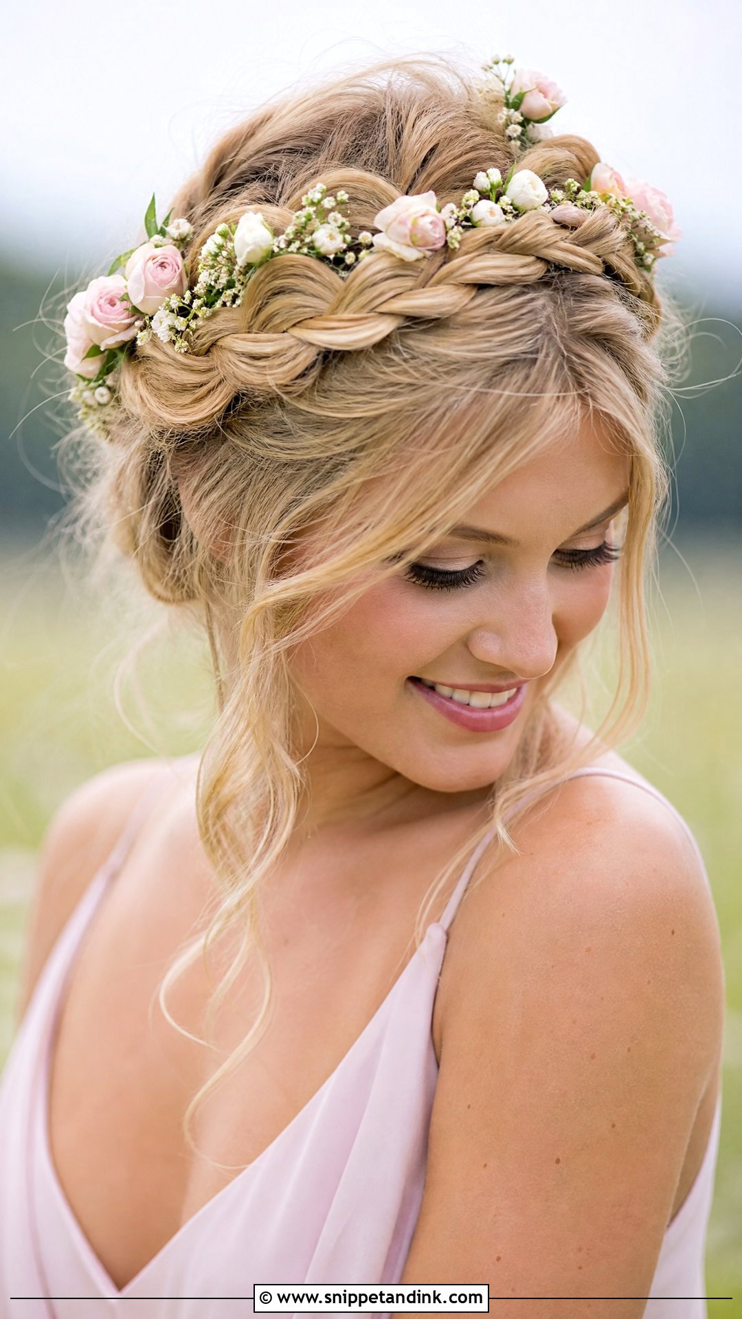 Halo Braid With Flowers - Snippet and Ink - 20 Braided Hairstyles for Wedding Guest