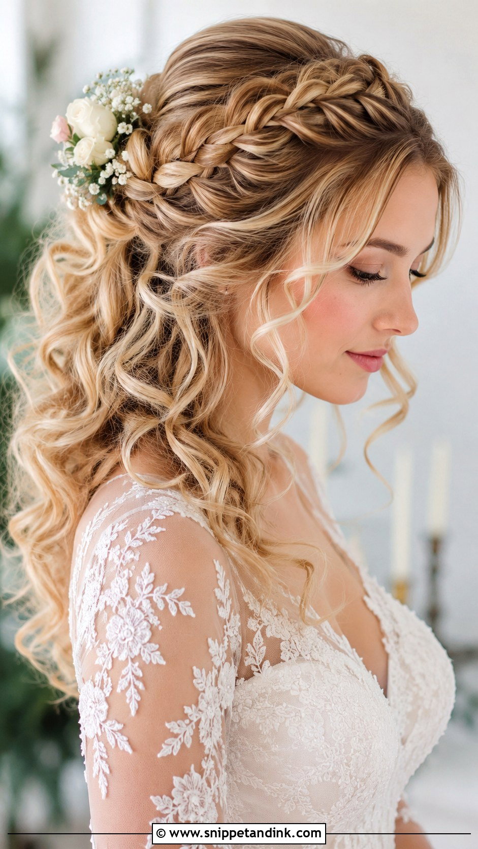 Halo Braid With Loose Curls - Snippet and Ink - 20 Bridal Updo with Braid Ideas