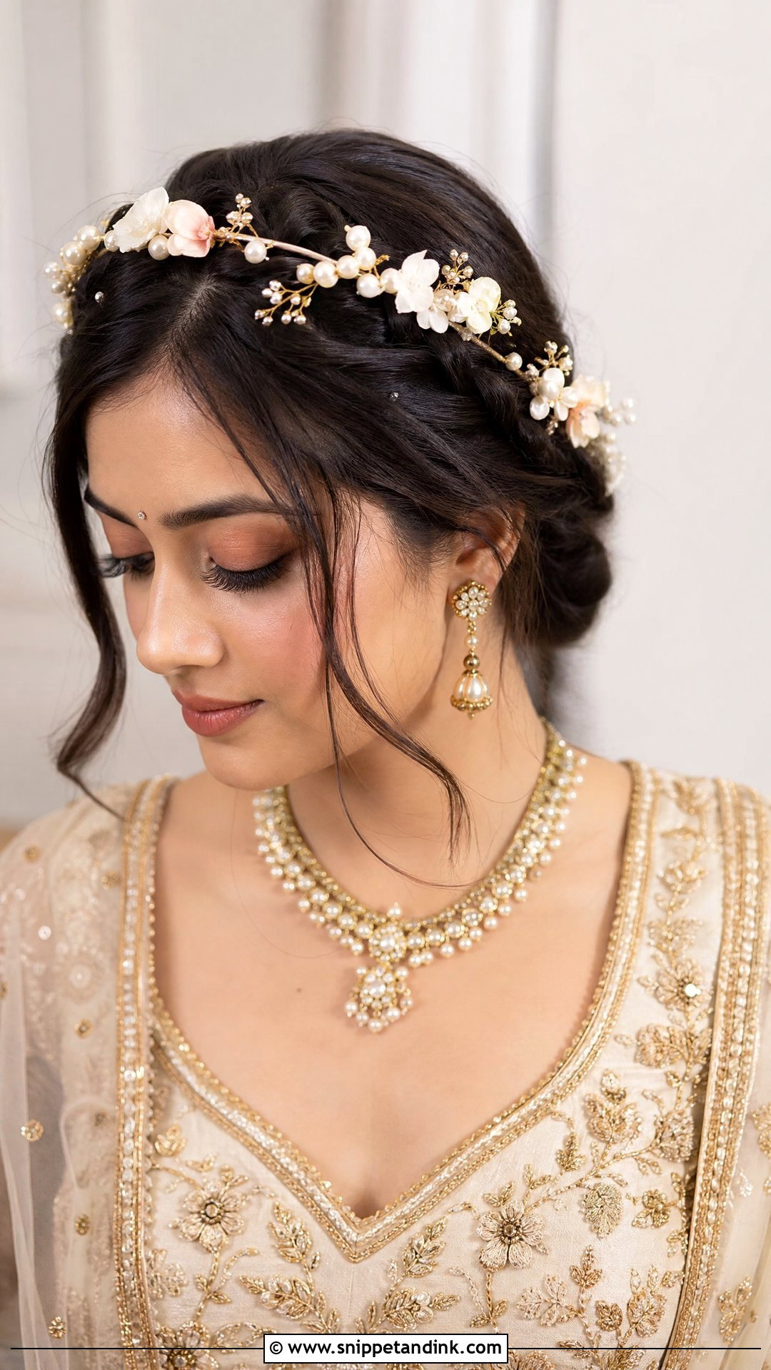 Halo Braid With Pearls and Flowers - Snippet and Ink - 20 Indian Bridal Braids for Long Hair