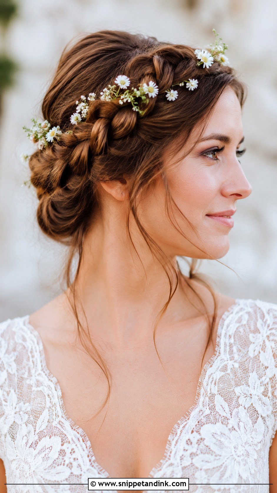 Halo Braid with Flowers - Snippet and Ink - 25 Medium Length Bridal Hairstyles