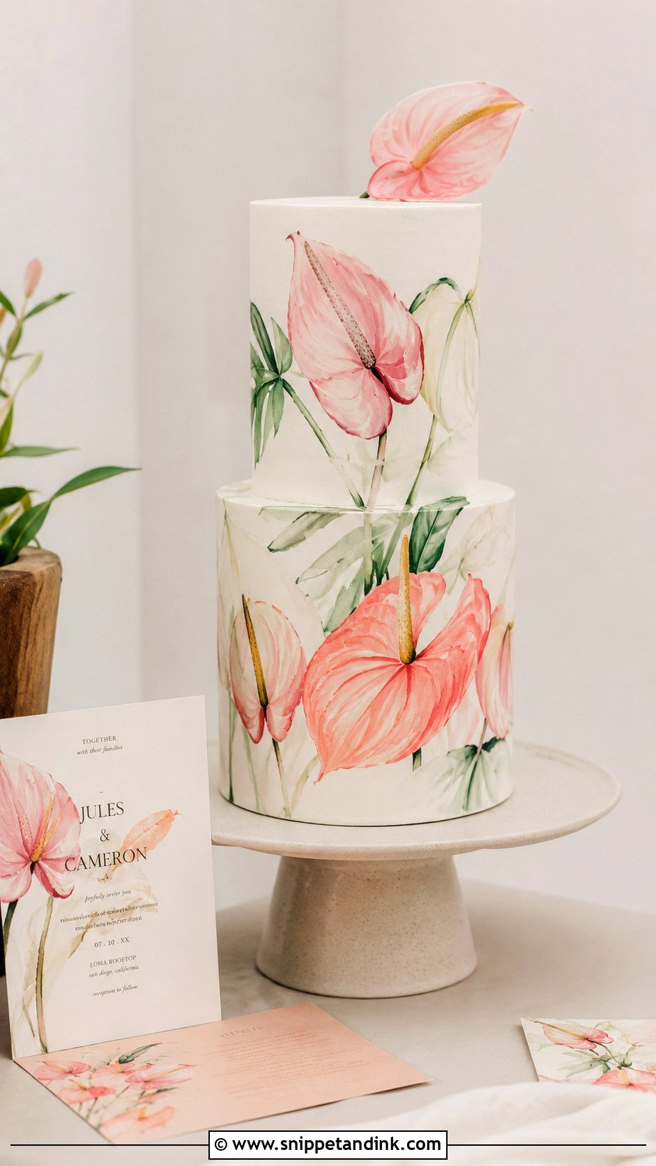 Hand Painted Anthurium Wedding Cake - Snippet and Ink - 20 Anthurium Wedding Cake Ideas