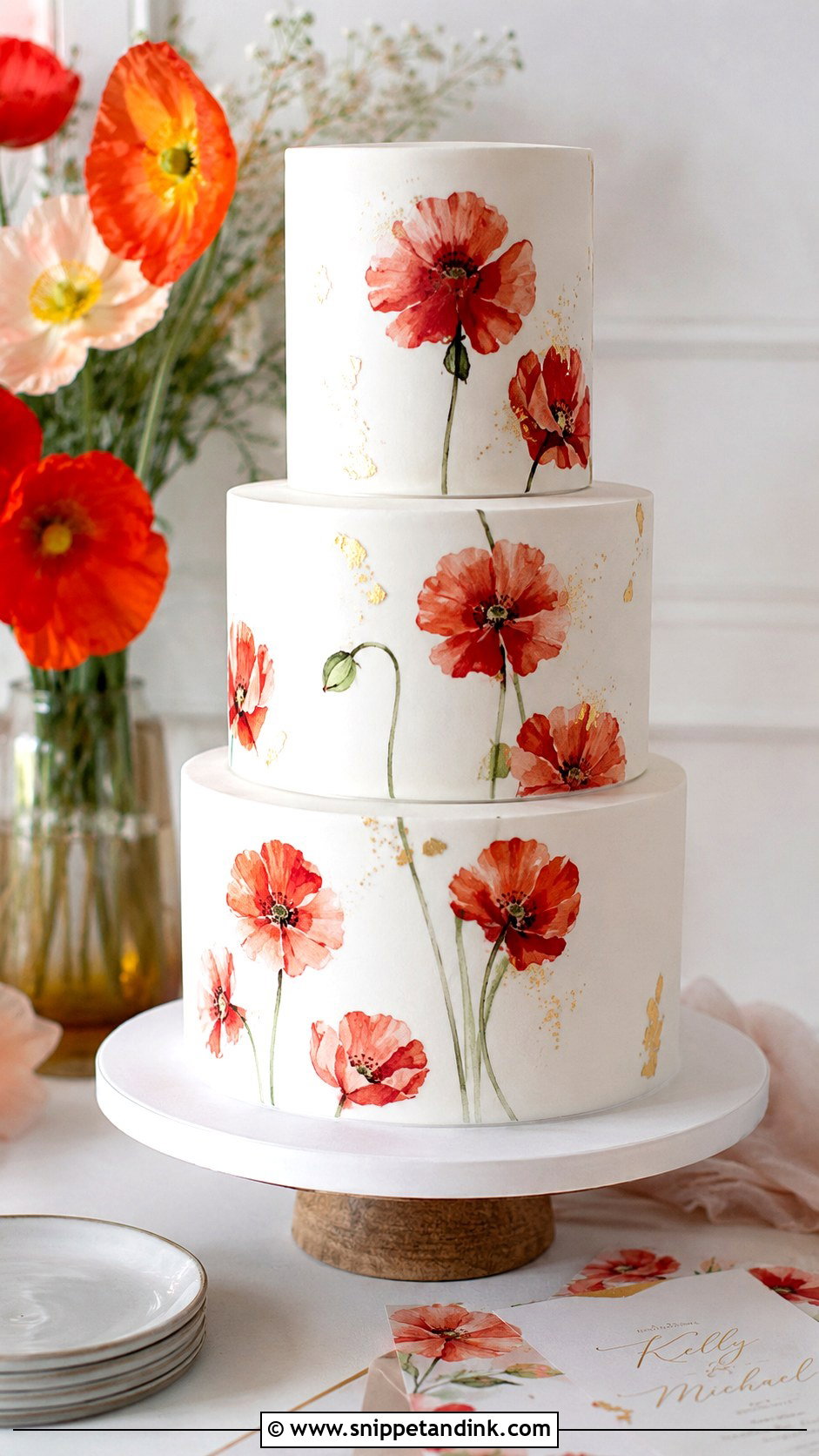 Hand Painted Poppy Wedding Cake - Snippet and Ink - 25 Wedding Cake Ideas with Poppies