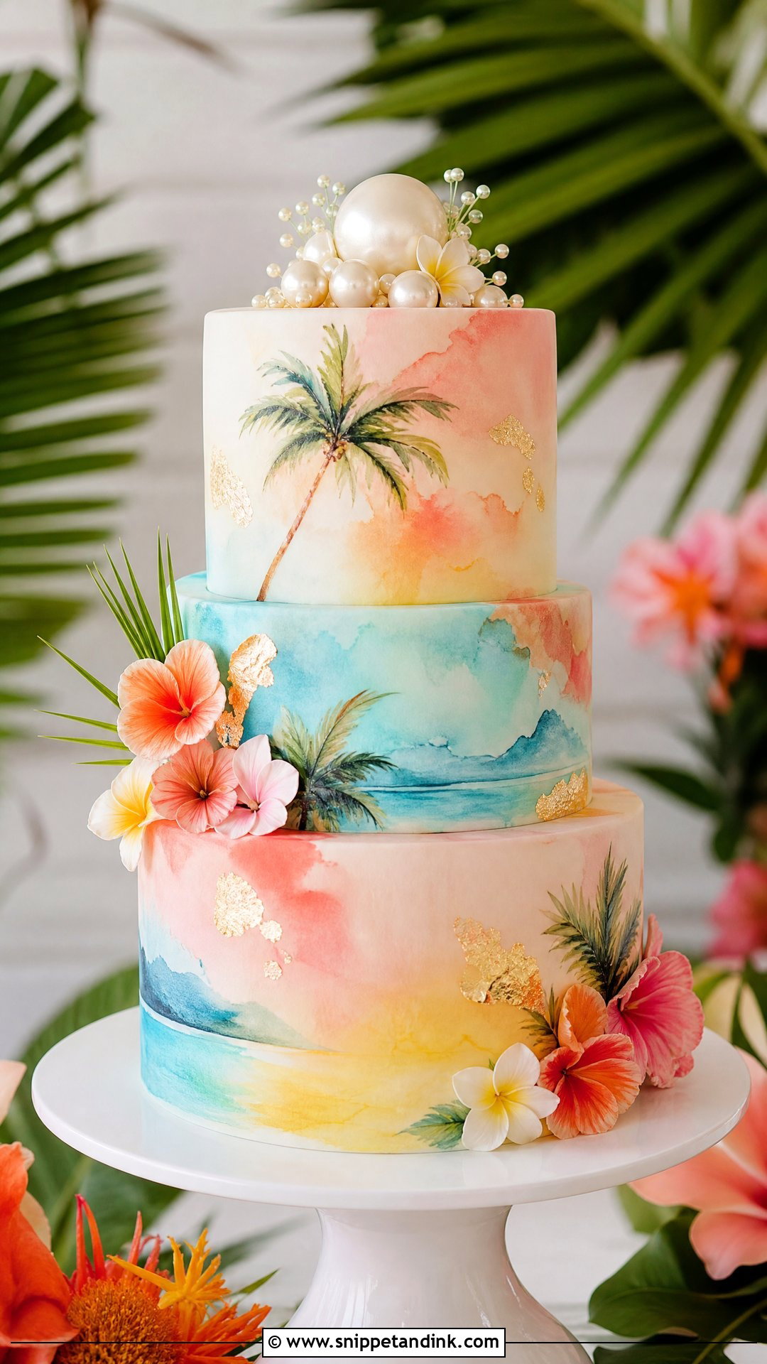Hawaiian Watercolor Wedding Cake - Snippet and Ink - 25 Hawaiian Theme Cakes for Wedding