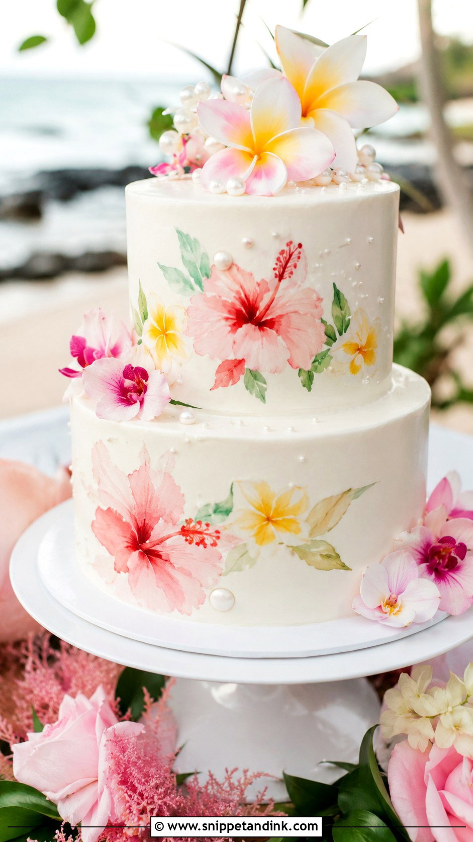 Hawaiian Wedding Cake With Watercolor Flowers - Snippet and Ink - 20 Hawaiian Wedding Cakes