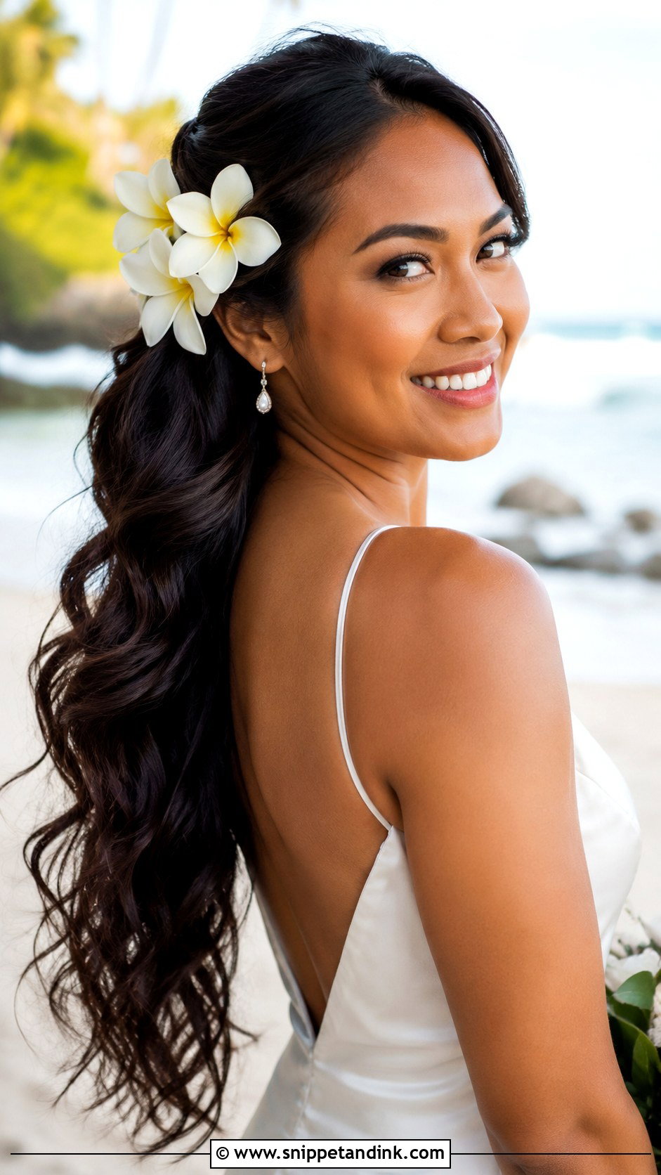 Hawaiian Wedding Long Hair With Plumeria - Snippet and Ink - 15 Hawaiian Wedding Hair Ideas
