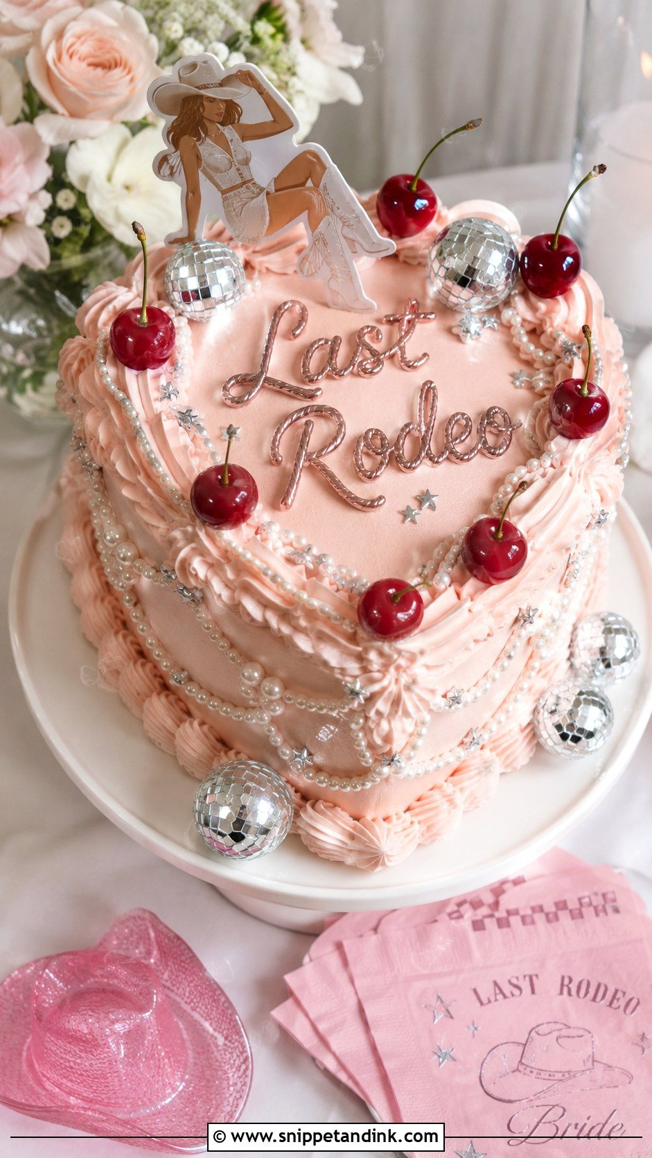 Heart Shaped Disco Cowgirl Cake - Snippet and Ink - 25 Disco Cowgirl Bachelorette Cake Ideas for Wedding