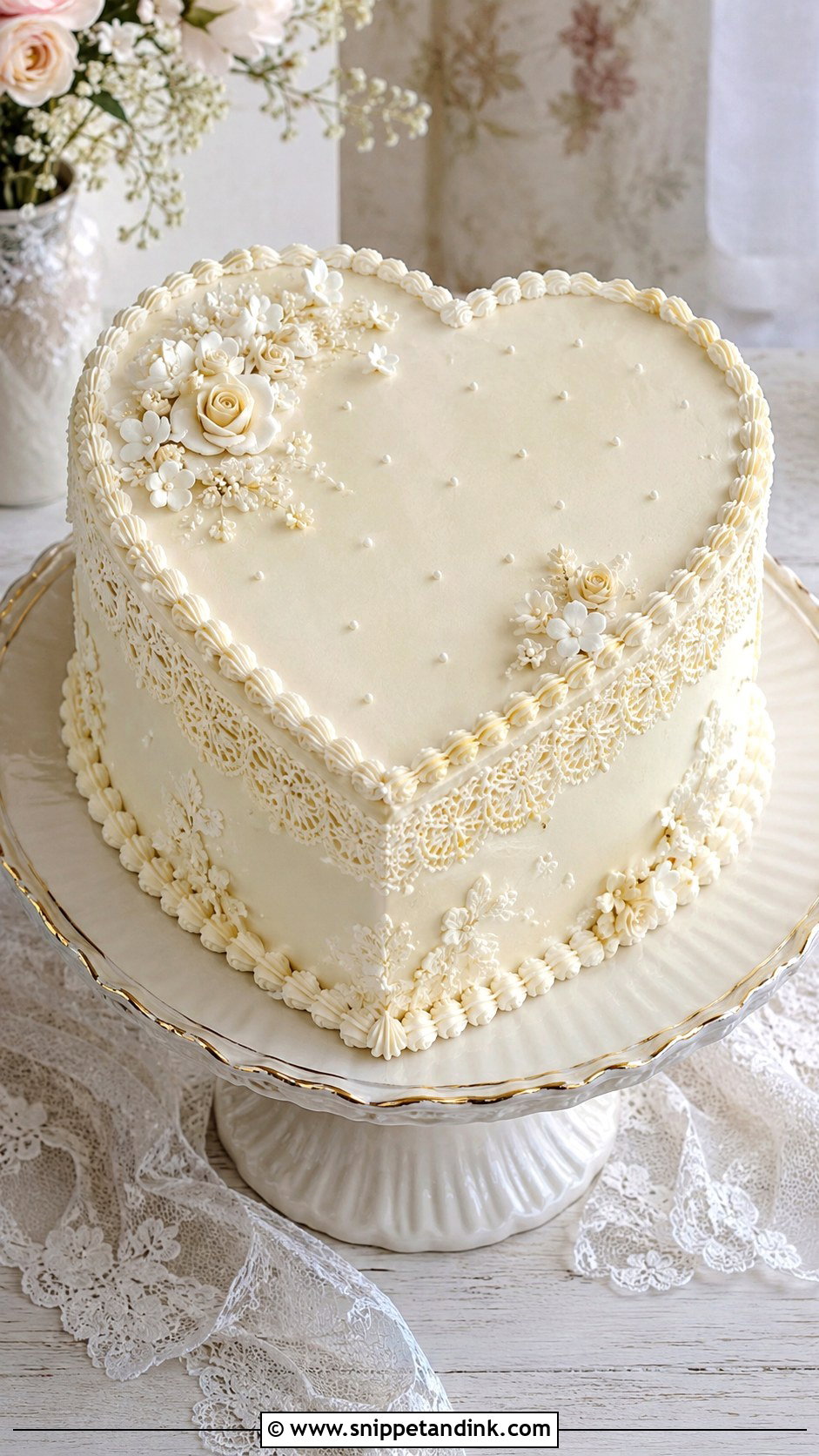 Heart Shaped Wedding Cake With Lace Piping - Snippet and Ink - 20 Simple Heart Shaped Wedding Cake Ideas