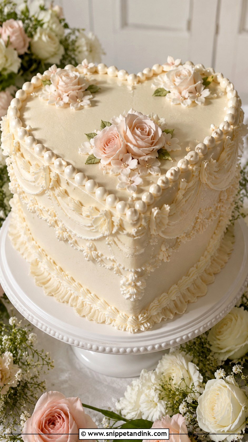 Heart Wedding Cake With Flowers And Pearls - Snippet and Ink - 30 Wedding Cake Ideas with Flowers and Pearls