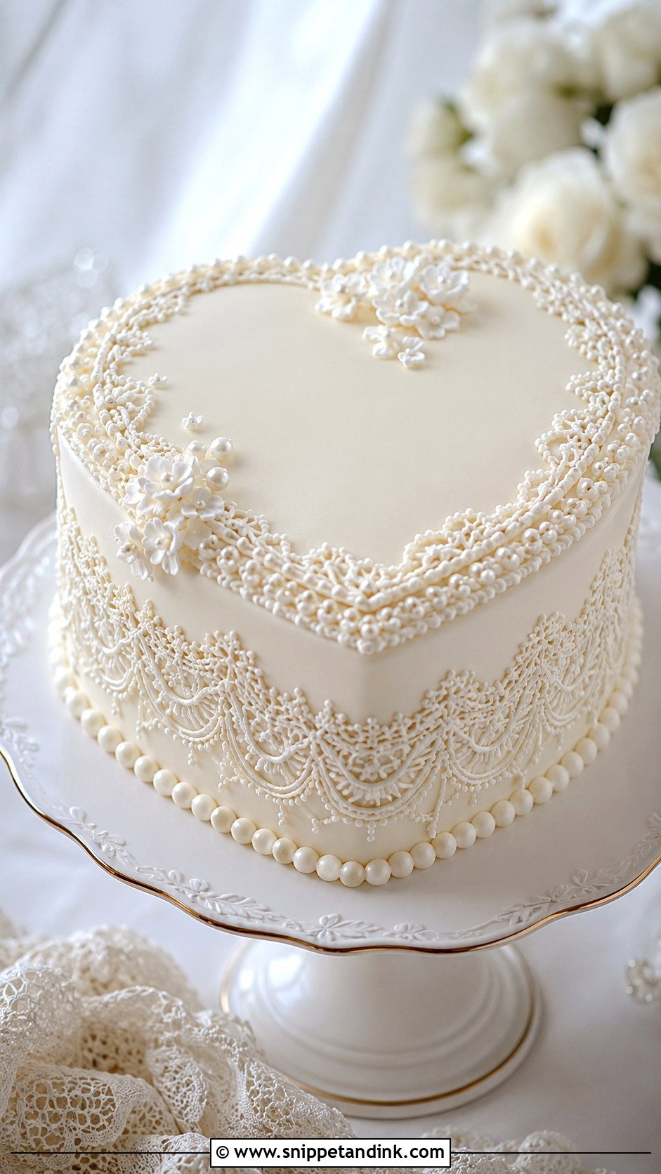 Heart Wedding Cake With Lace Piping - Snippet and Ink - 20 Heart Wedding Cake Ideas