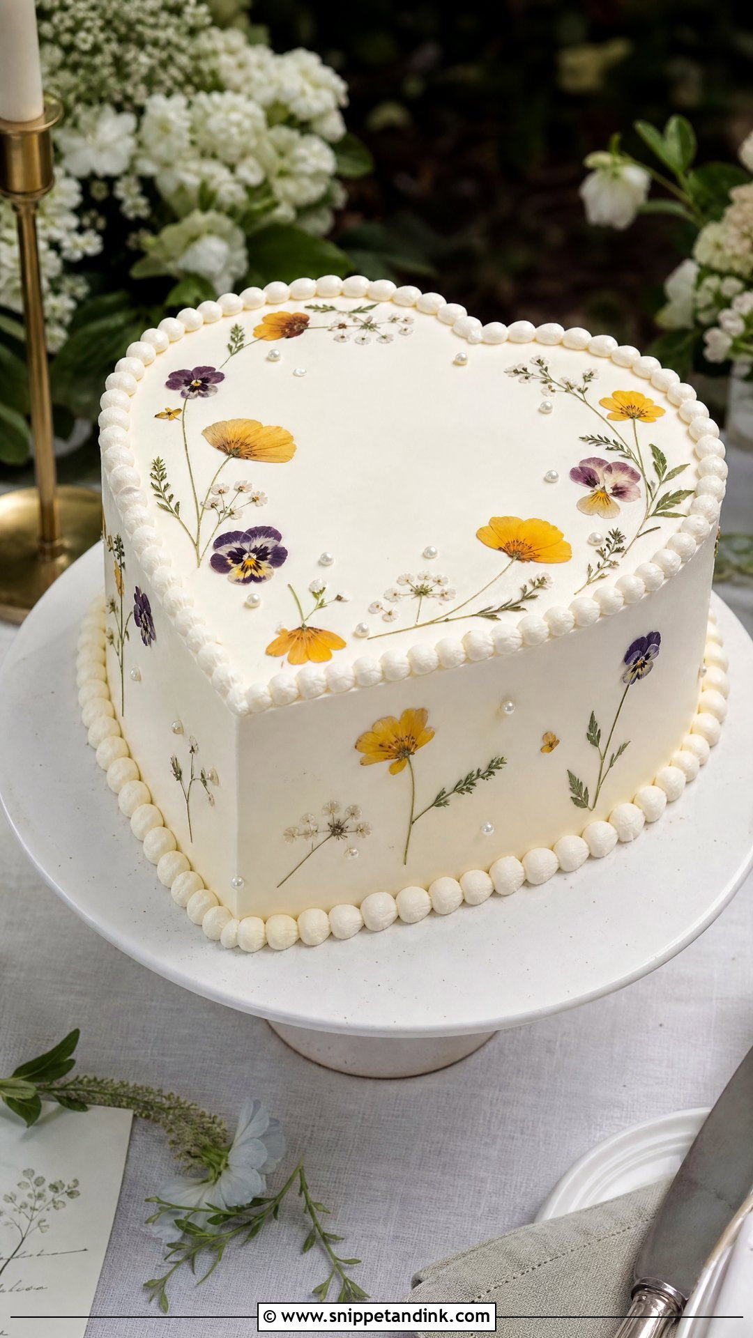 Heart Wedding Cake With Pressed Flowers - Snippet and Ink - 25 Hearts Cake Ideas for Wedding