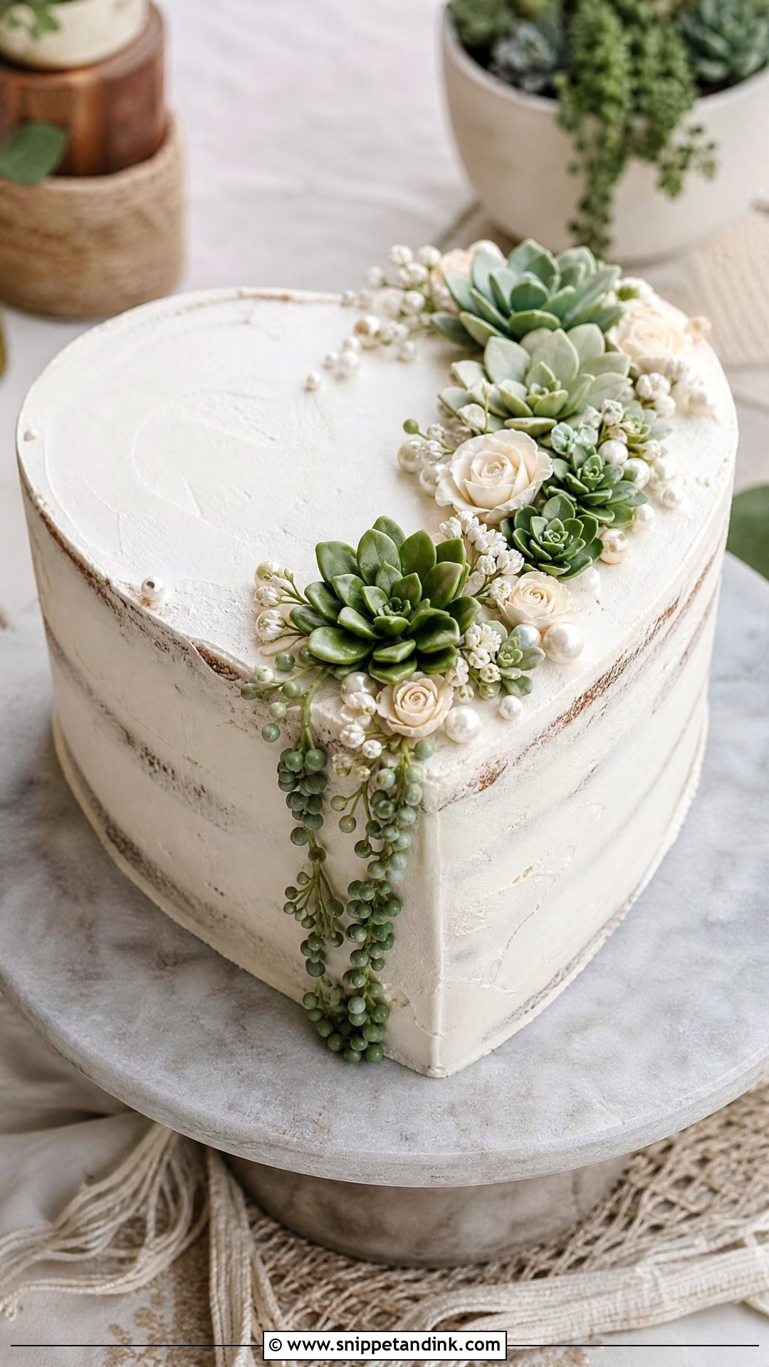 Heart Wedding Cake With Succulents - Snippet and Ink - 25 Hearts Cake Ideas for Wedding