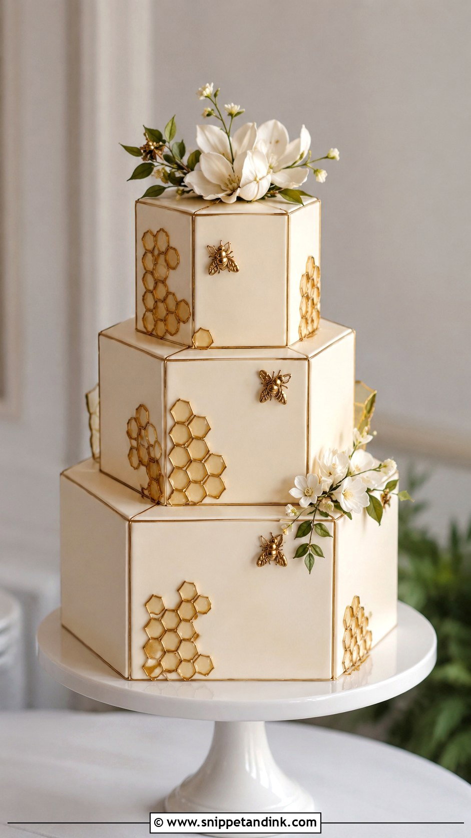 Hexagon Honey Bee Wedding Cake - Snippet and Ink - 20 Honey Bee Cake Design Ideas for Wedding